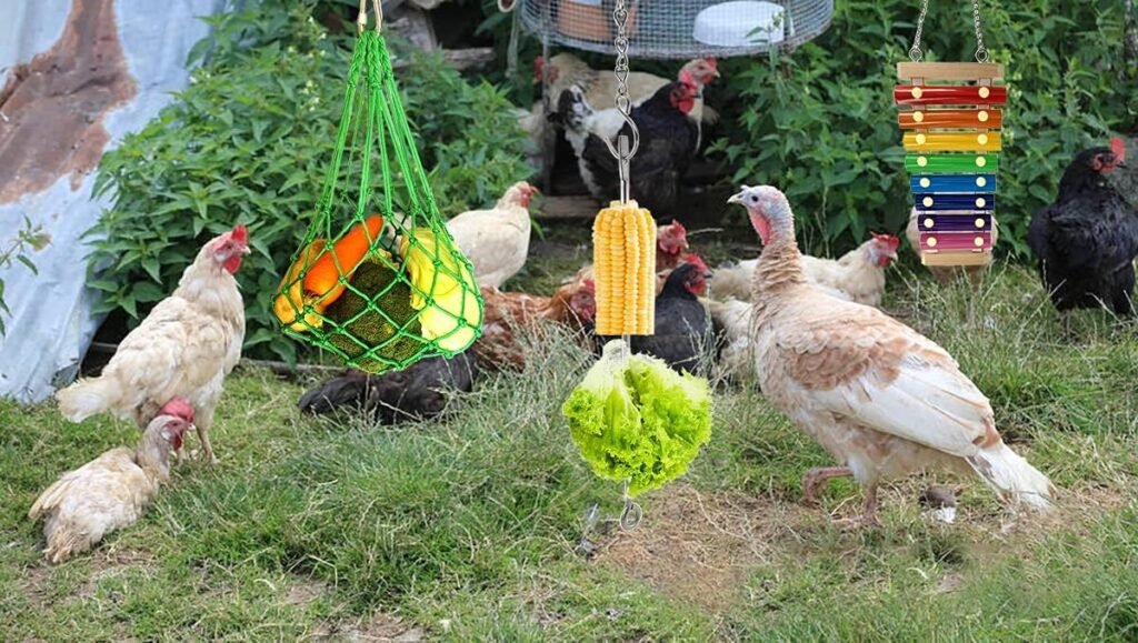 4PCS Chicken Coop Toys-Chicken Xylophone Toy Chicken Veggies Fruit Skewers Lettuce String Bag Hanger Chicken Treats Holder for Hens Roosters Chicks