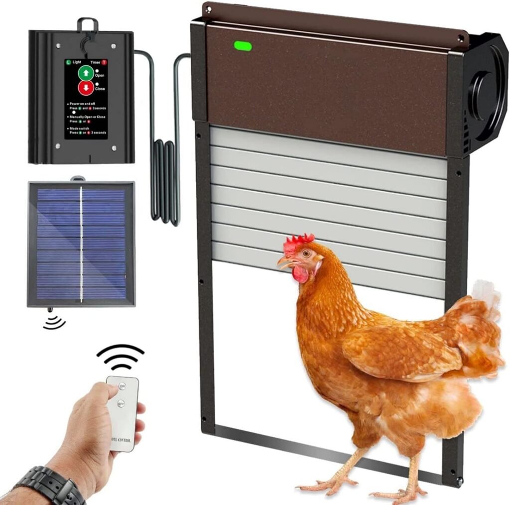 Automatic Chicken Coop Door Solar - Powered Opener with Timer  Light Sensor Aluminum Chicken Coops Door with Remote Control 4 Modes Auto Coop Doors for Chicken