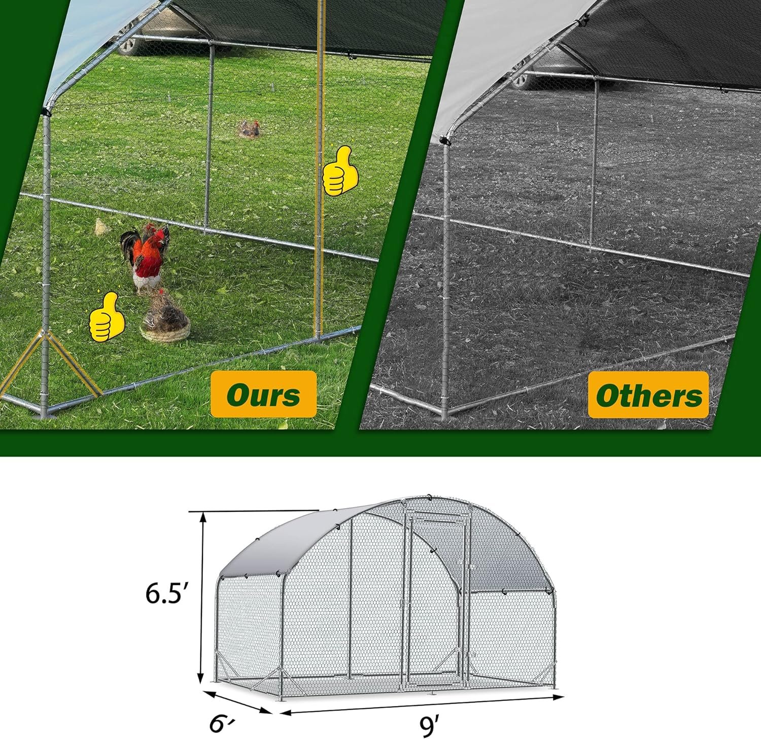 Betterhood Large Metal Chicken Coop Upgrade Tri-Supporting Wire Mesh Chicken Run,Chicken Pen with Water-Resident and Anti-UV Cover,Duck Rabbit House Outdoor(10’ W x 13’ L x 6.5’ H)