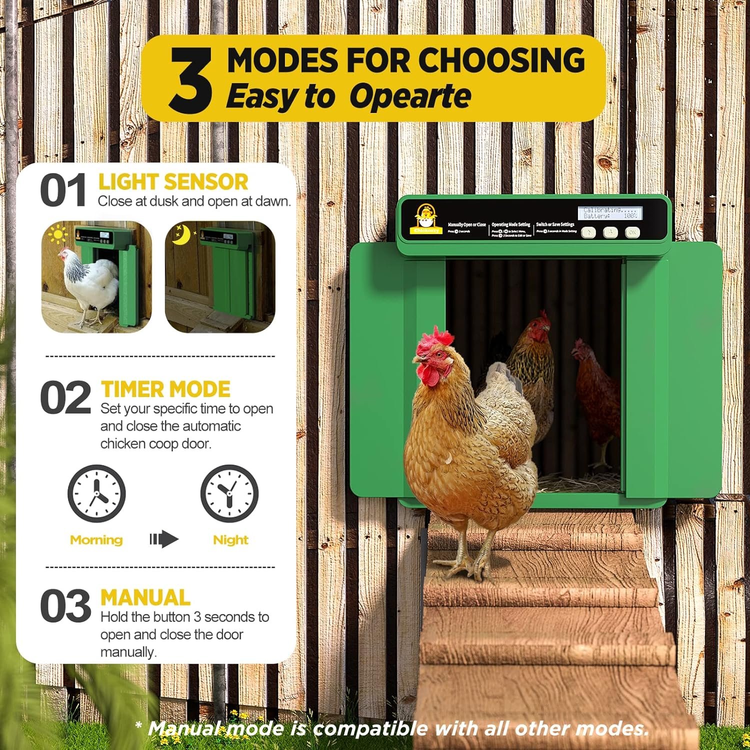Chickcozy Automatic Chicken Coop Door Opener with Timer, Programmable Light Sensor, Battery Powered LCD Screen, Weatherproof, Low Battery Alert (Green)