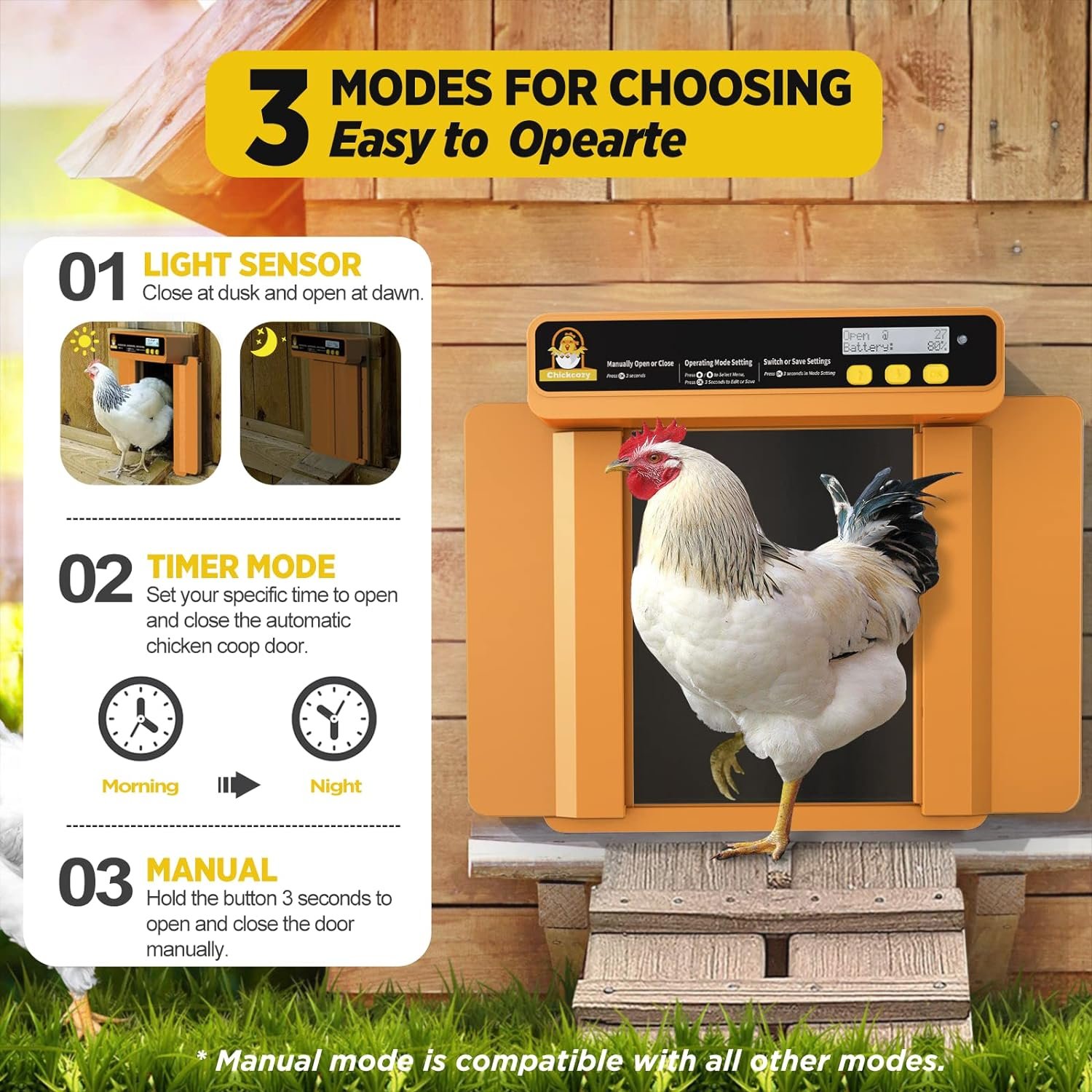 Chickcozy Automatic Chicken Coop Door Opener with Timer, Programmable Light Sensor, Battery Powered LCD Screen, Weatherproof, Low Battery Alert (Green)