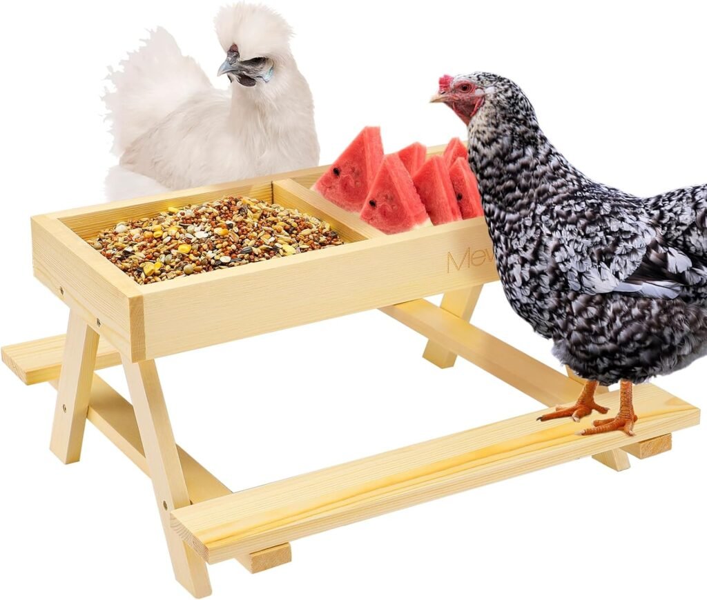 Chicken Feeder No Waste, Wooden Chicken Picnic Table with 2 Pcs Stainless Steel Mesh Bottom, Durable Poultry Feeder for Chicken Roost Coop Duck Wild Animals