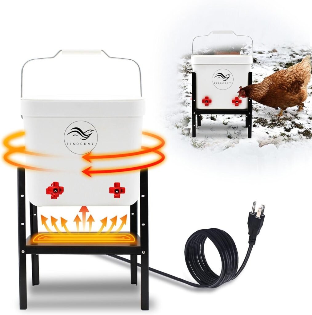 FISOCENY 2 Gallon Chicken Water Heater Heated Poultry Drinker with Metal Support Automatic Heating Drinking Bucket Winter Deicer Thermostat Control Waterer Nipple Pet Watering Equipment Coop Supplies