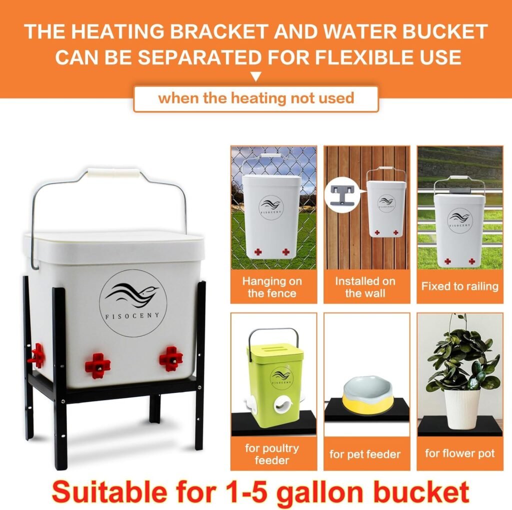 FISOCENY 2 Gallon Chicken Water Heater Heated Poultry Drinker with Metal Support Automatic Heating Drinking Bucket Winter Deicer Thermostat Control Waterer Nipple Pet Watering Equipment Coop Supplies
