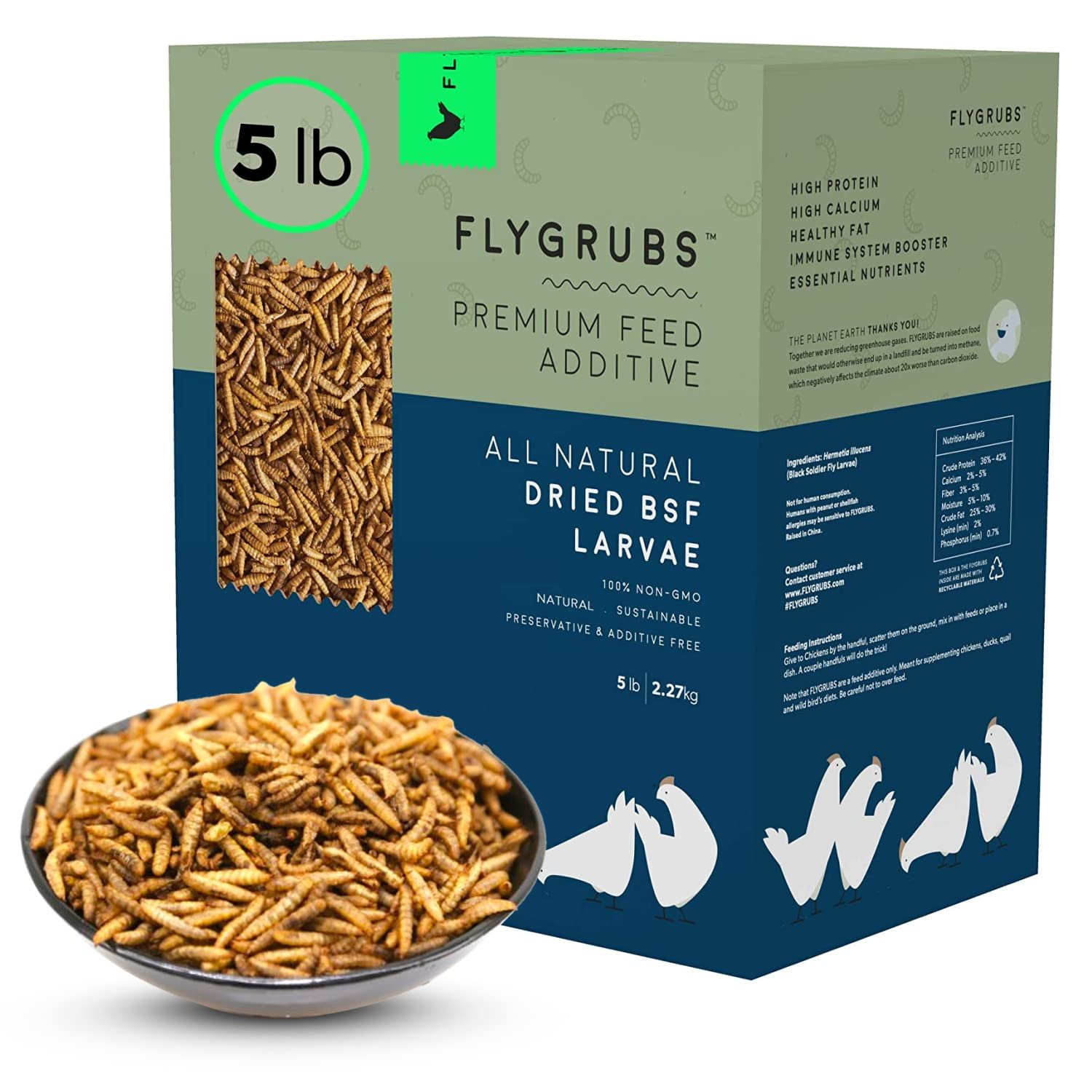 FLYGRUBS Superior to Dried Mealworms for Chickens (5lb) - 85X More Calcium Than Live mealworms - Non-GMO Chicken Feed - BSFL Treats for Hens, Ducks, Turkeys, Wild Birds, Turtles, Quails