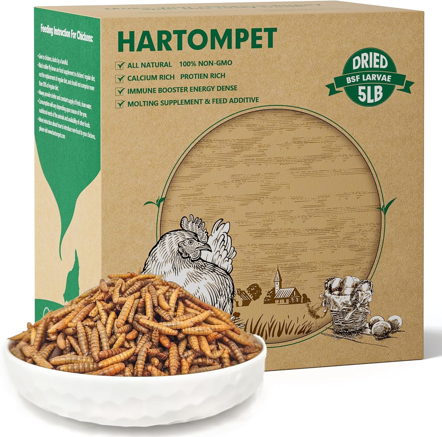 HARTOMPET 10LB Non-GMO Dried Black Soldier Fly Larvae, Superior Calcium Boost for Chickens, Better Than Dried Mealworms, Poultry Feed Ideal for Molting  Laying Hens, Wild Birds, Ducks | Top Grade BSF