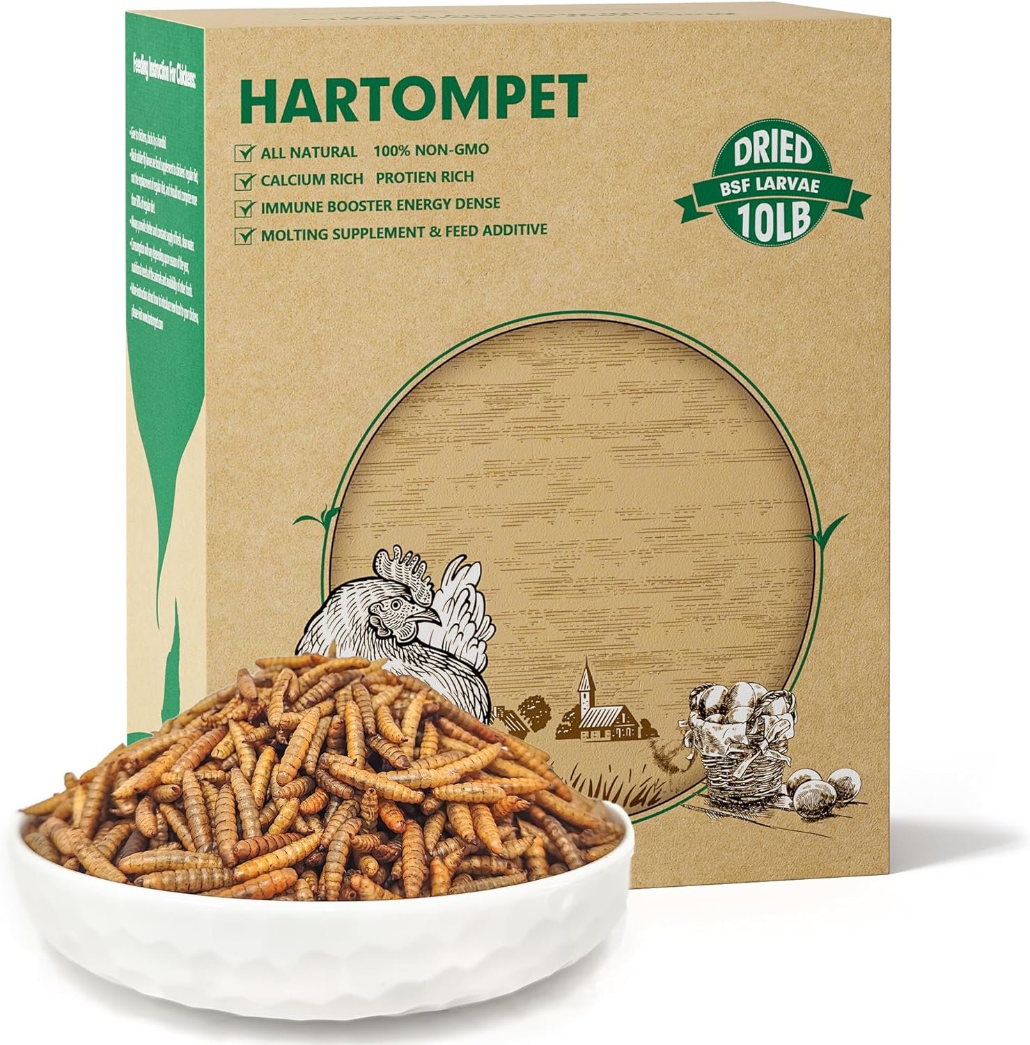 HARTOMPET 10LB Non-GMO Dried Black Soldier Fly Larvae, Superior Calcium Boost for Chickens, Better Than Dried Mealworms, Poultry Feed Ideal for Molting  Laying Hens, Wild Birds, Ducks | Top Grade BSF