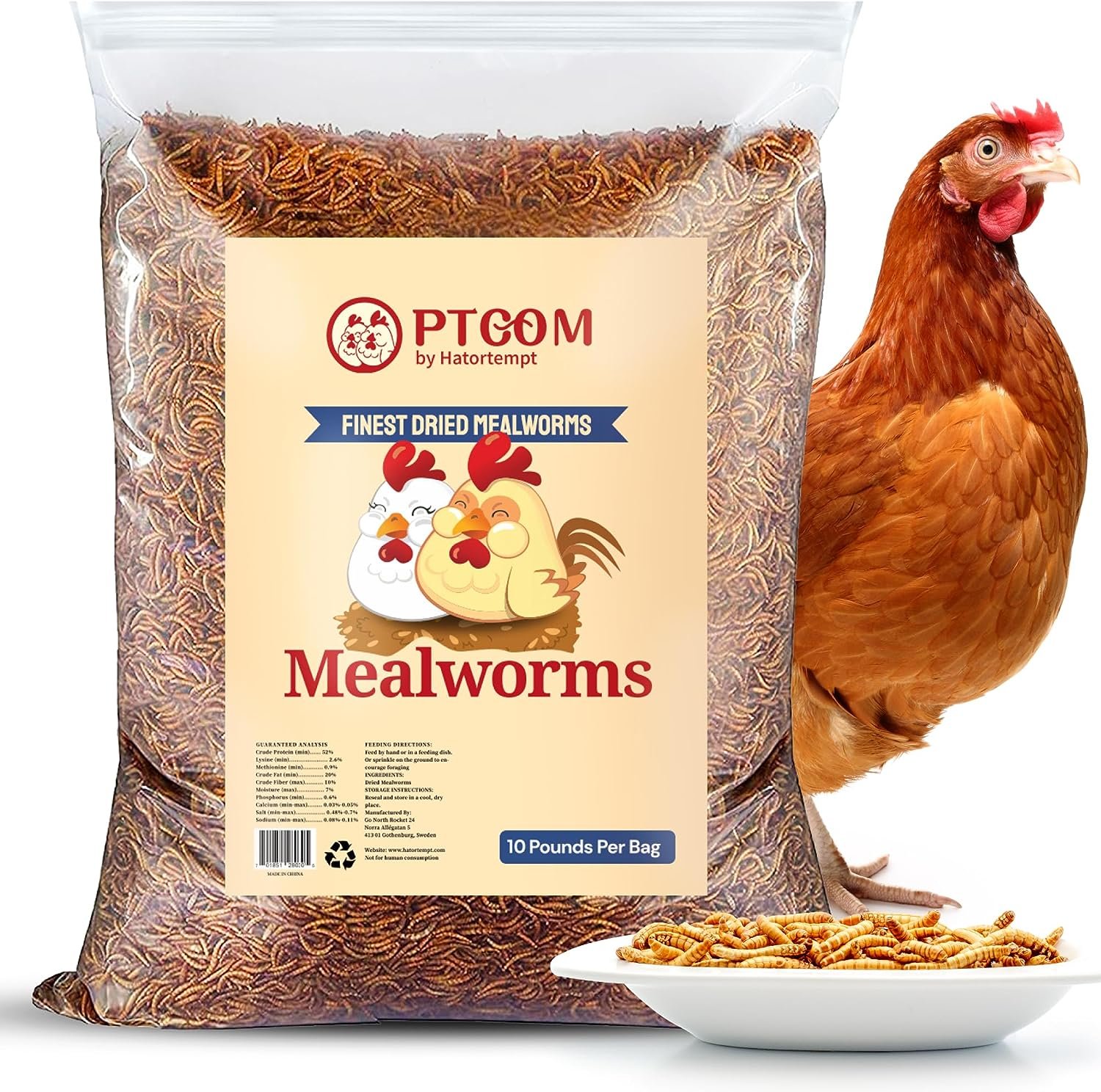 Hatortempt 10lbs Bulk Dried Mealworms - Premium Non-GMO Organic Chicken Feed, Nutritious High Protein Meal Worms- Food and Treats for Laying Hens, Wild Birds, Ducks, Reptiles, Fish, Hedgehogs, Turtles