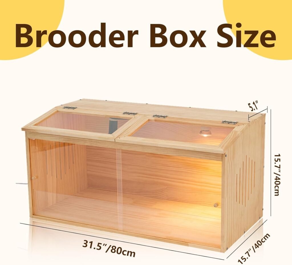 Large Wooden Brooder Box for Chicks with Bulb Set and Thermometer - Accommodates Up to 35 Chicks - Ideal for Chickens, Ducks, Quails, Hamsters, and Lizards（32x16x16 Inches）