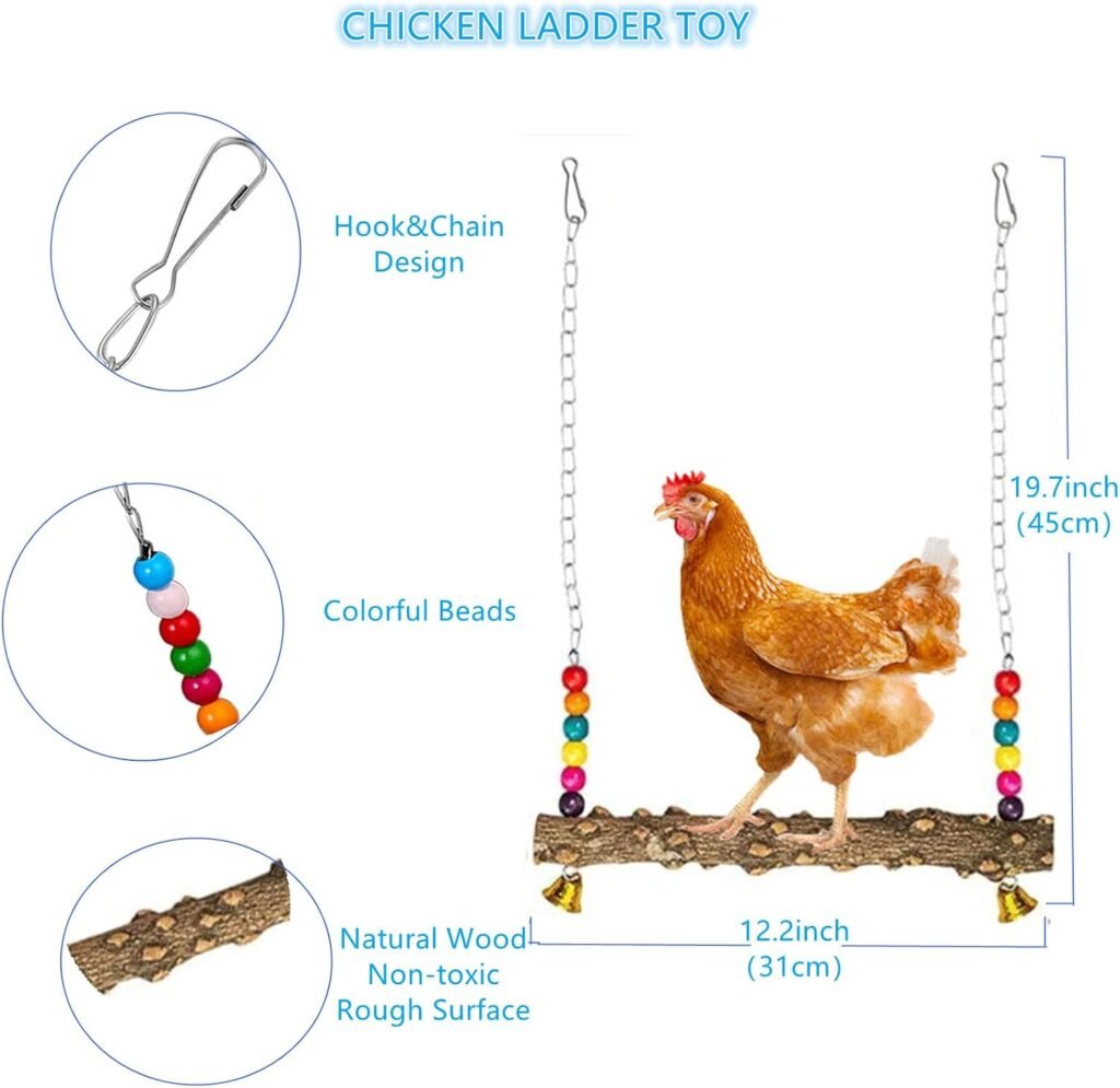 Longer Chain Chicken Toys for Coop Accessories 7PCS, Chicken Swing Ladder Perch roosts, Chicken Xylophone Mirror with Bells Vegetable Fruits Hanging Chicken Feeder for hens Bird Parrot