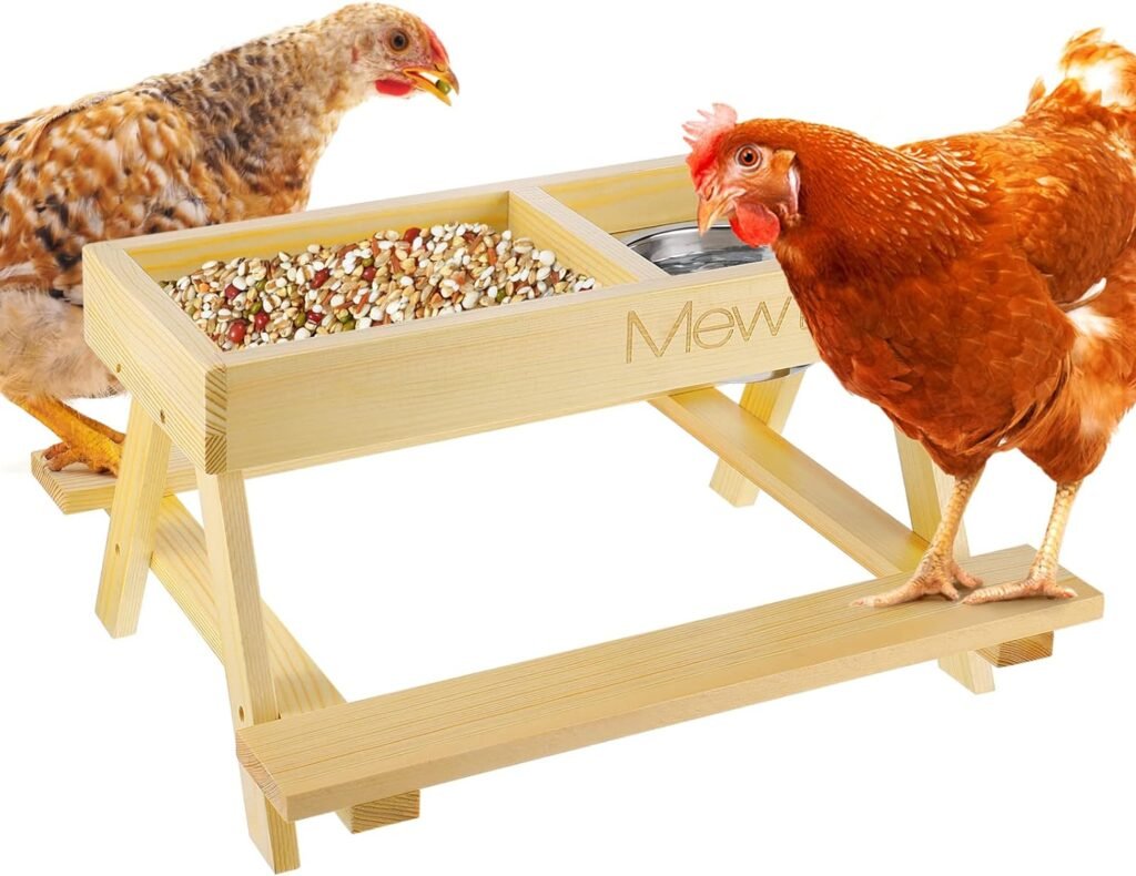 MEWTOGO 2 in 1 Chicken Feeder No Waste, Wooden Chicken Picnic Table with Stainless Steel Bowl and Mesh Bottom, Durable Poultry Feeder for Chicken Roost Coop Duck Wild Animals