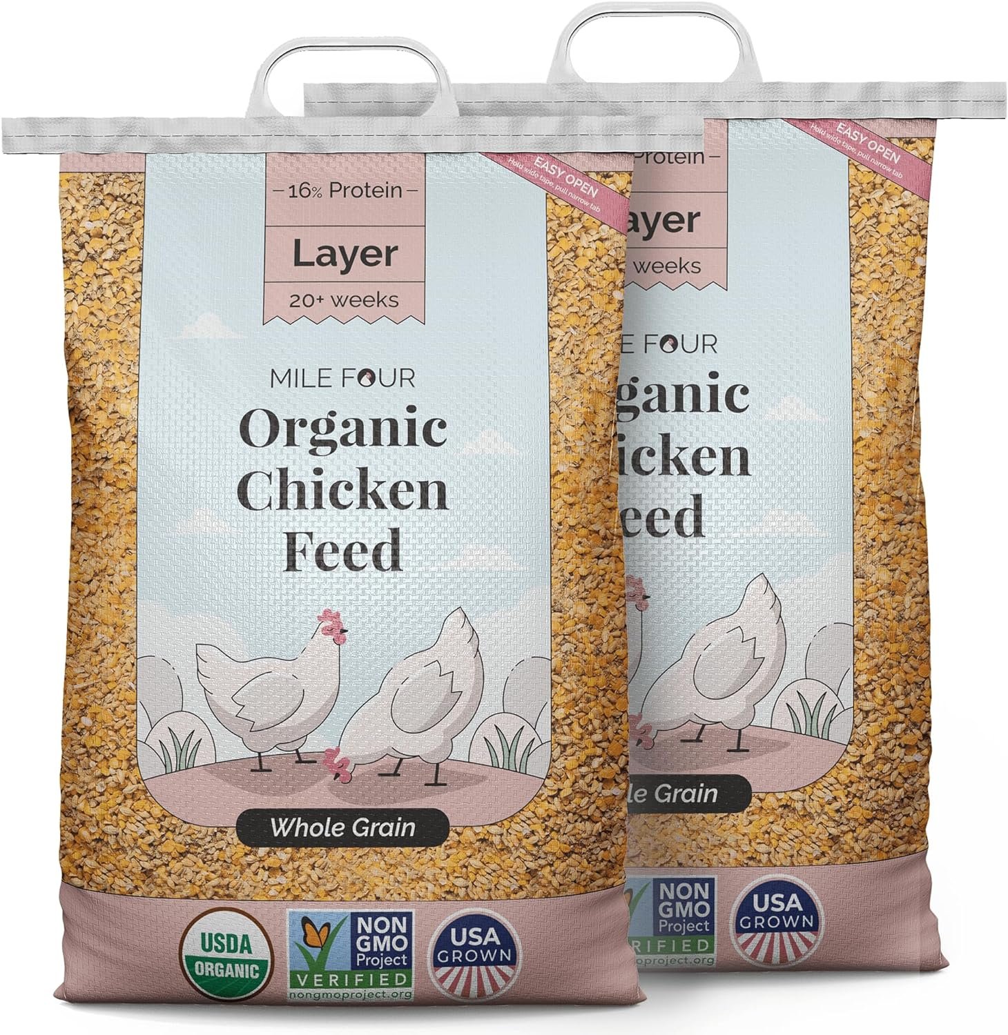 Mile Four | Layer Chicken Feed | Organic | Non-GMO, Corn-Free, Soy-Free, Non-Medicated Poultry Food | USA Grown | 16% Protein | Whole Grain | 46 lbs.