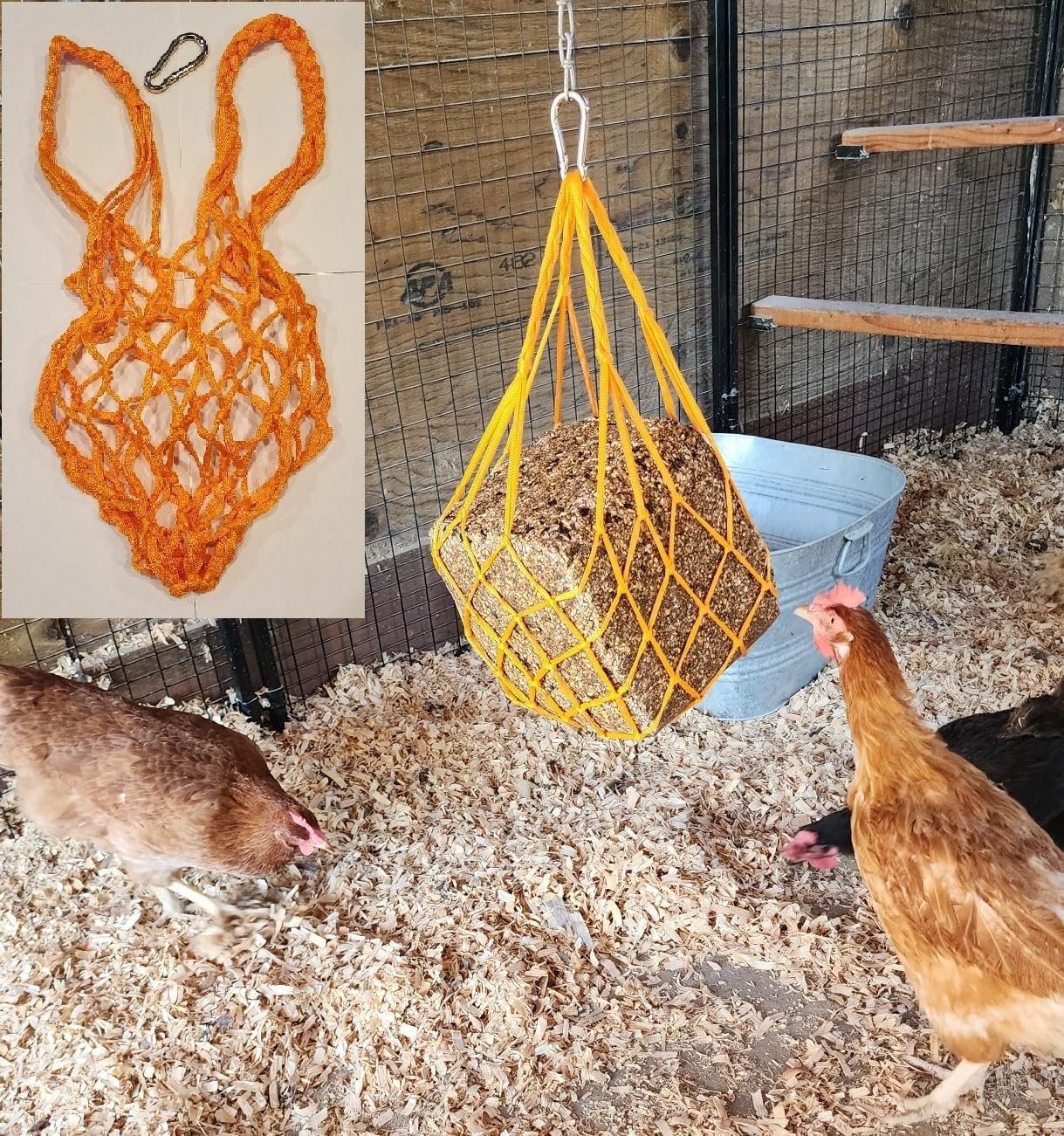 Muzzys Orange Chicken Coop Flock Block Bird Seed Hanging Bag Veggie Treat Holder - Poultry Feeder Toy Accessories Cabbage Bowl Sack