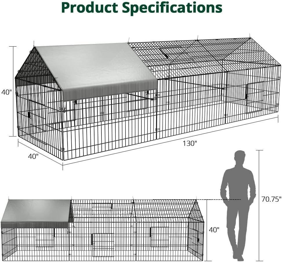 PawGiant Chicken Coop Chicken Run Pen for Yard with Cover 130×40×40 Outdoor Metal Portable Chicken Tractor Cage Enclosure Crate Outside for Small Animals Duck Rabbit Hen