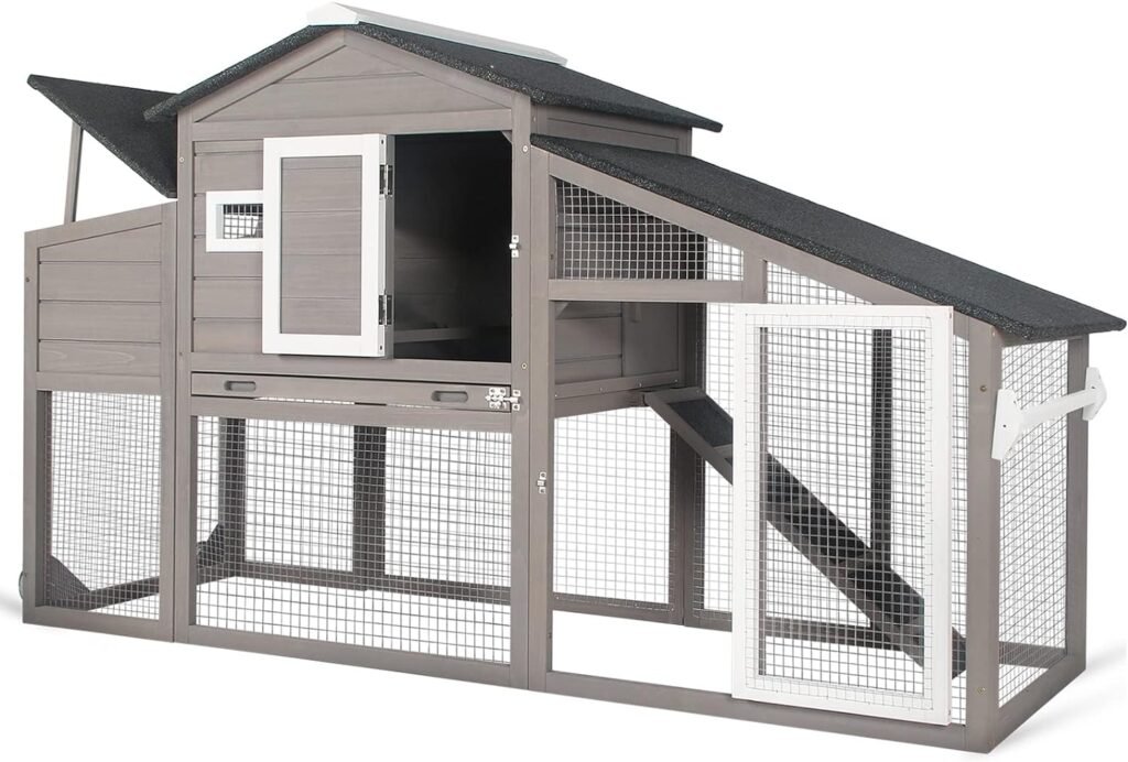 PetsCosset Chicken Coop Wooden Backyard Hen House - Indoor Outdoor for 2-3 Chickens, 2 Story Poultry Cage with Run, Chicken Nesting Box, Pull Out Trays and Anti-Slip Asphalt Ramp