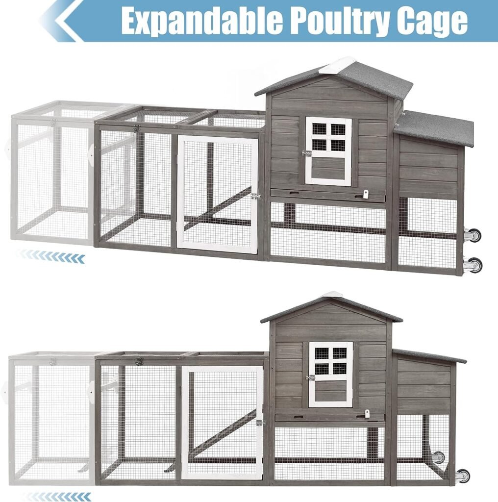 PetsCosset Chicken Coop Wooden Backyard Hen House - Indoor Outdoor for 2-3 Chickens, 2 Story Poultry Cage with Run, Chicken Nesting Box, Pull Out Trays and Anti-Slip Asphalt Ramp