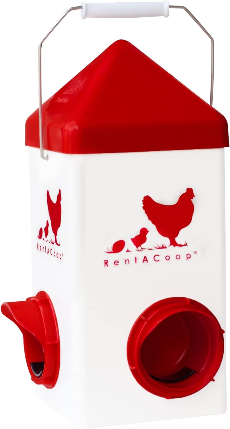RentACoop Chick2Chicken 10lb BPA-Free 4-Port Feeder - Includes Anti-Roost Cone, Slider Port Cover, and Lid - Suitable for up to 20 Chicks  12 Adult Chickens