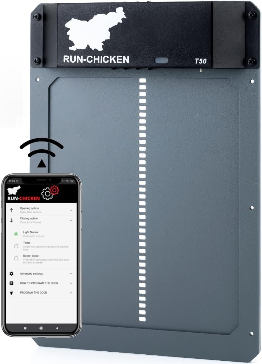 RUN-CHICKEN Door (Gray) Automatic Chicken Coop Door, Timer and Programmable Light Sensor, Battery Powered, Evening and Morning Delay, Chicken Coop Door Opener, Chicken Accessories, Model T50