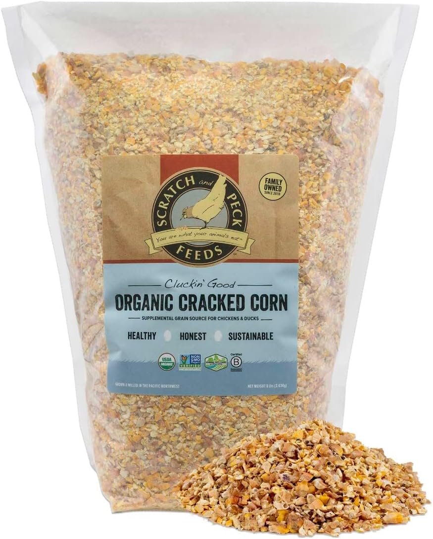 Scratch and Peck Feeds Cluckin Good Cracked Corn - 8 lbs - Carbohydrate and Protein Supplement Chicken Feed - Organic and Non-GMO Project Verified
