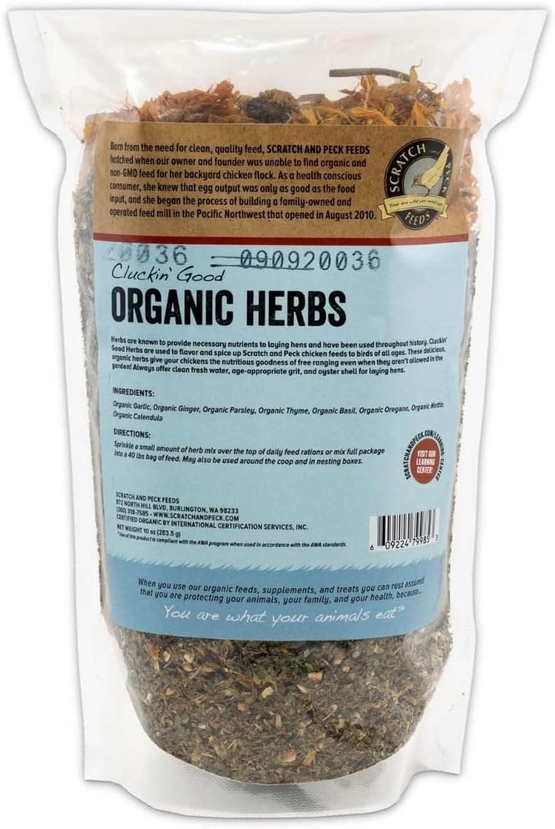 Scratch and Peck Feeds Cluckin Good Organic Herbs - 10 Ounce - Supplemental Bird Treats for Chickens and Ducks - Certified Organic, Non-GMO Project Verified