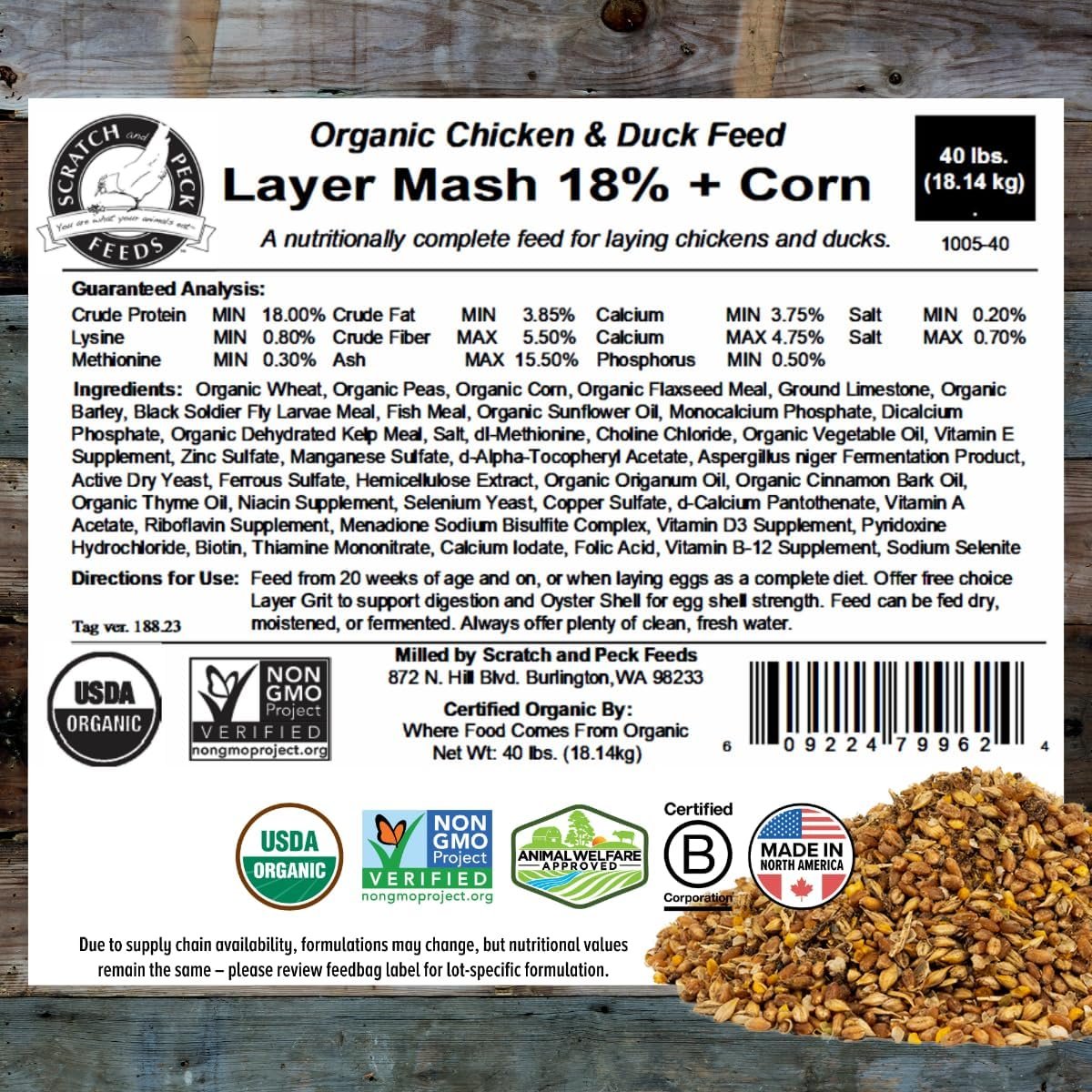 Scratch and Peck Feeds Organic Whole Grain Layer Feed + Corn, 18% Protein - Premium Chicken and Duck Feed Formulated with Sustainable Grub Protein, Vitamins, and Minerals - 40lb