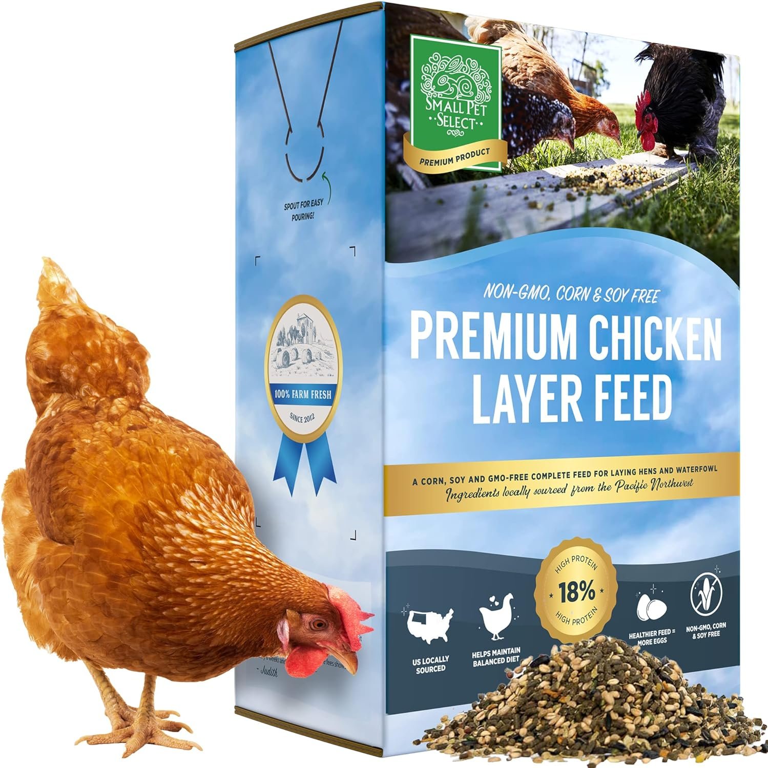 Small Pet Select Chicken Layer Feed Pellets | 18% Protein Level | Corn-Free, Soy-Free, Non-GMO | All Natural US Locally Sourced Ingredients | 20lb