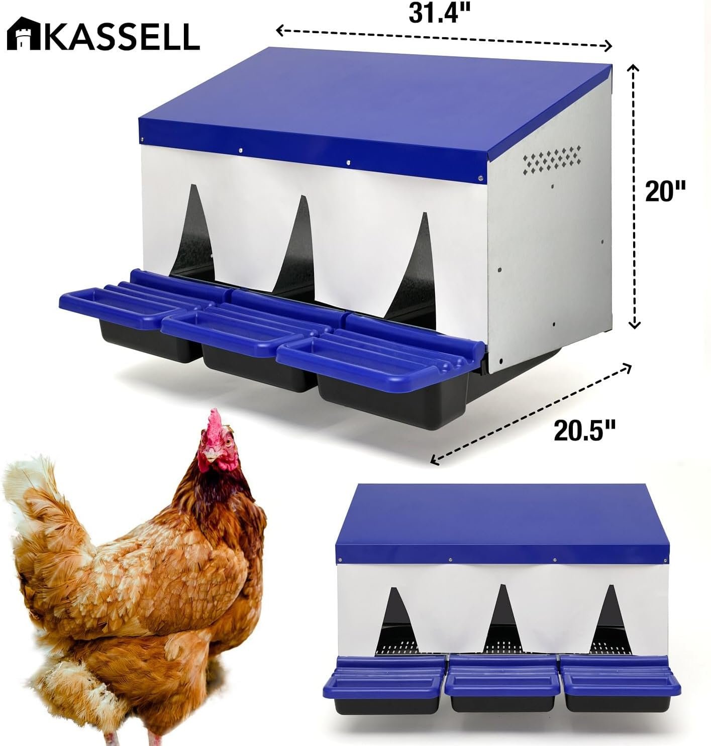 Three Hole Chicken Nesting Box with Perch and Curtains. Rollaway Chicken Boxes for Laying Eggs. Nesting Box- Blue