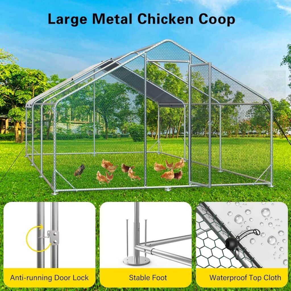 Unovivy Large Metal Chicken Coop Run, Walk-in Poultry Cage Heavy Duty Chicken Runs, Chicken Pen with Waterproof Cover, Ducks Rabbits Habitat Spire Shaped Outdoor Farm Use