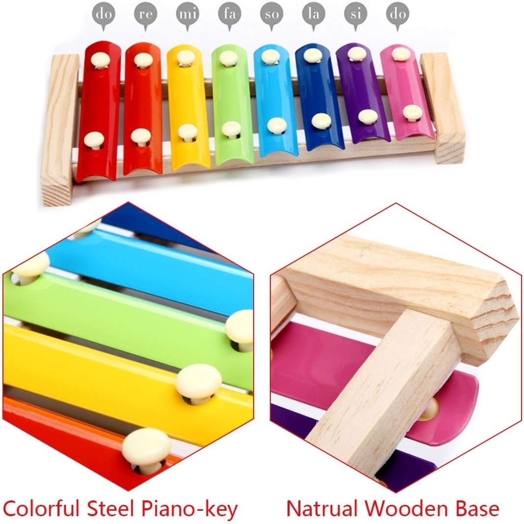 Vehomy Chicken Xylophone Toy for Hens Suspensible Wood Xylophone Toy with 8 Metal Keys Chicken Coop Pecking Toy with Grinding Stone (Rainbow Color)