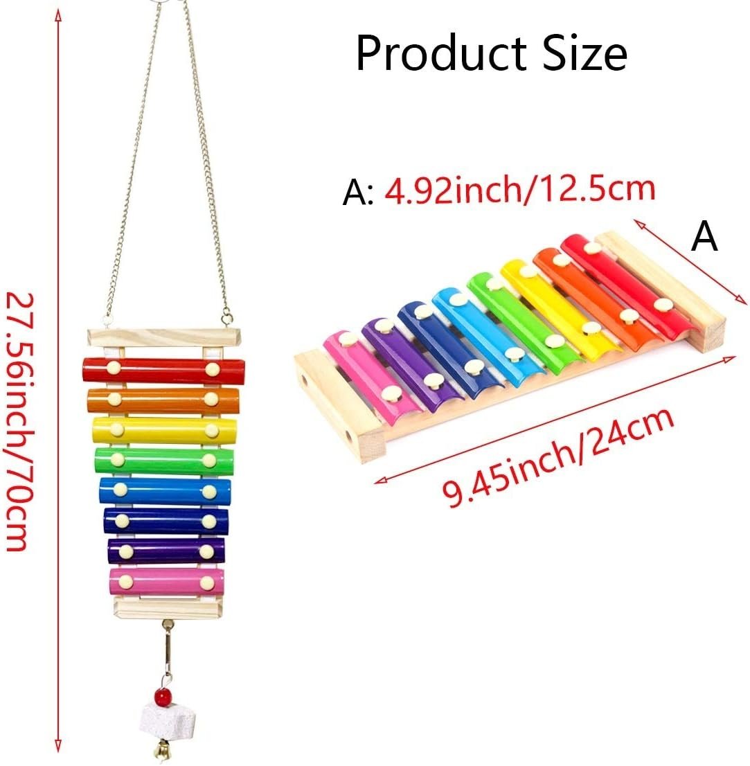 Vehomy Chicken Xylophone Toy for Hens Suspensible Wood Xylophone Toy with 8 Metal Keys Chicken Coop Pecking Toy with Grinding Stone (Rainbow Color)