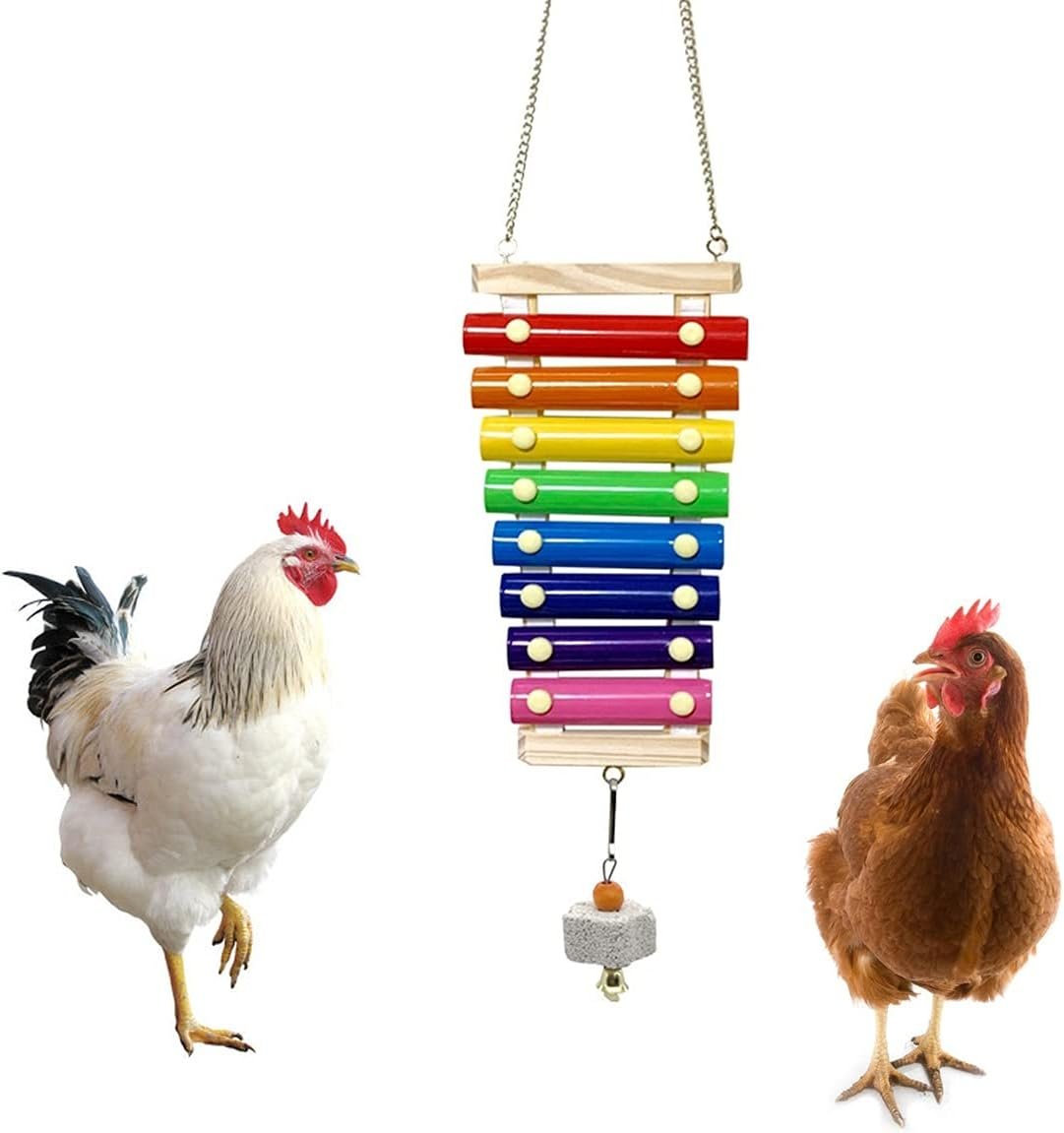 Vehomy Chicken Xylophone Toy for Hens Suspensible Wood Xylophone Toy with 8 Metal Keys Chicken Coop Pecking Toy with Grinding Stone (Rainbow Color)