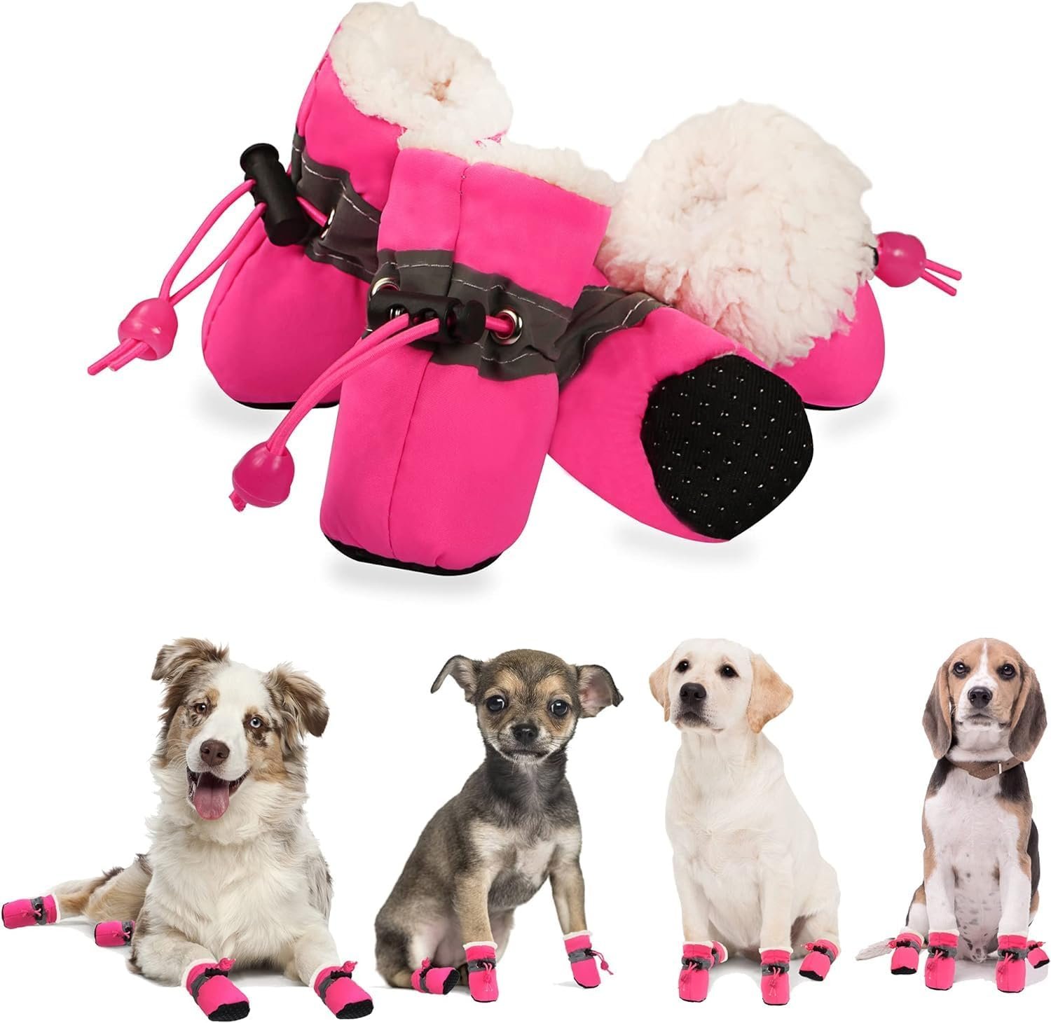 YAODHAOD Dog Shoes for Winter, Dog Boots  Paw Protectors, Fleece Warm Snow Booties for Puppy with Reflective Strip Anti-Slip Rubber Sole for Small Medium Size Dogs,Size 3: 1.5x1.3 (L*W),Pink