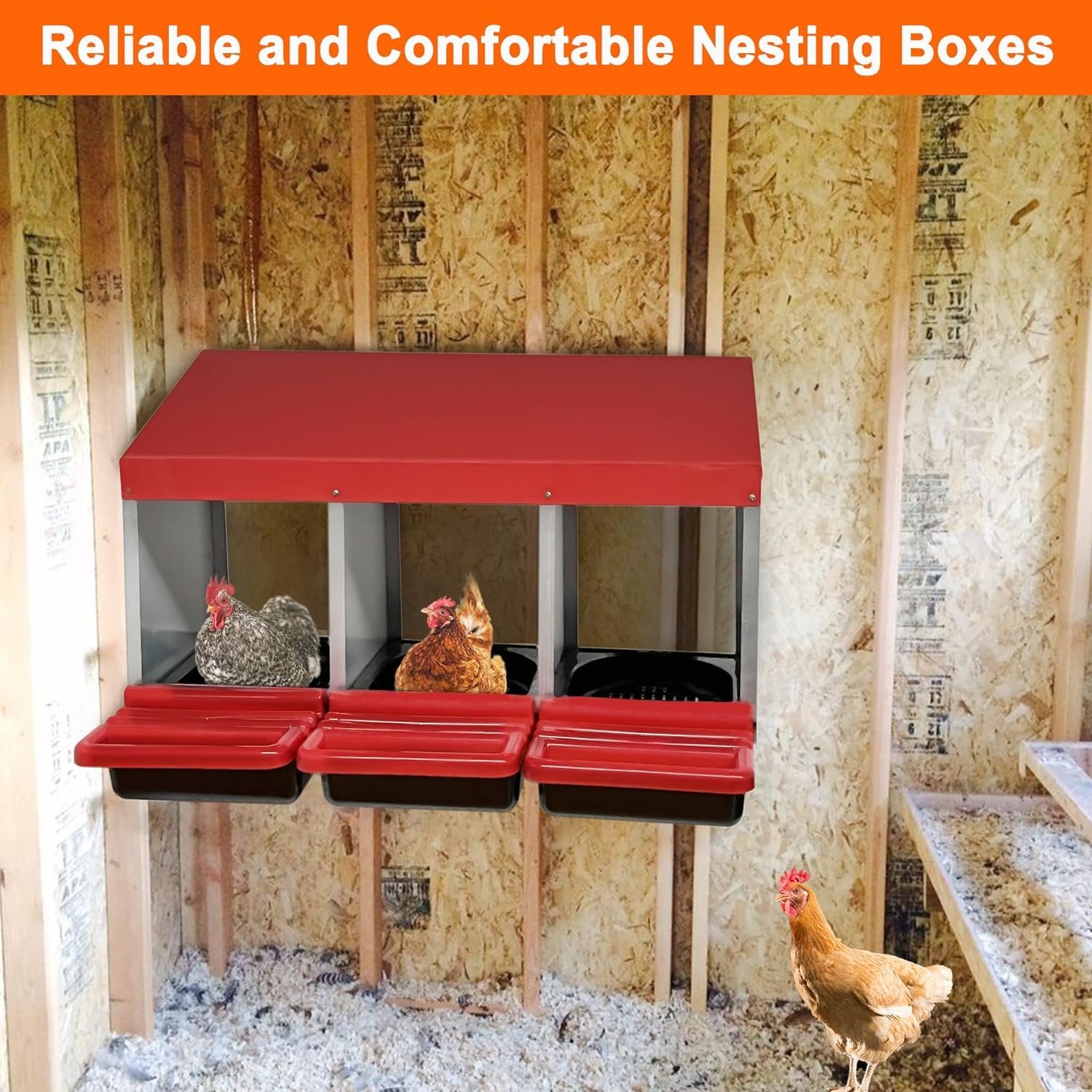 ZenxyHoC Chicken Nesting Boxes, 3 Hole Metal Chicken Egg Laying Box with Swing Perch and Rollout Egg Collection for Chicken Coop
