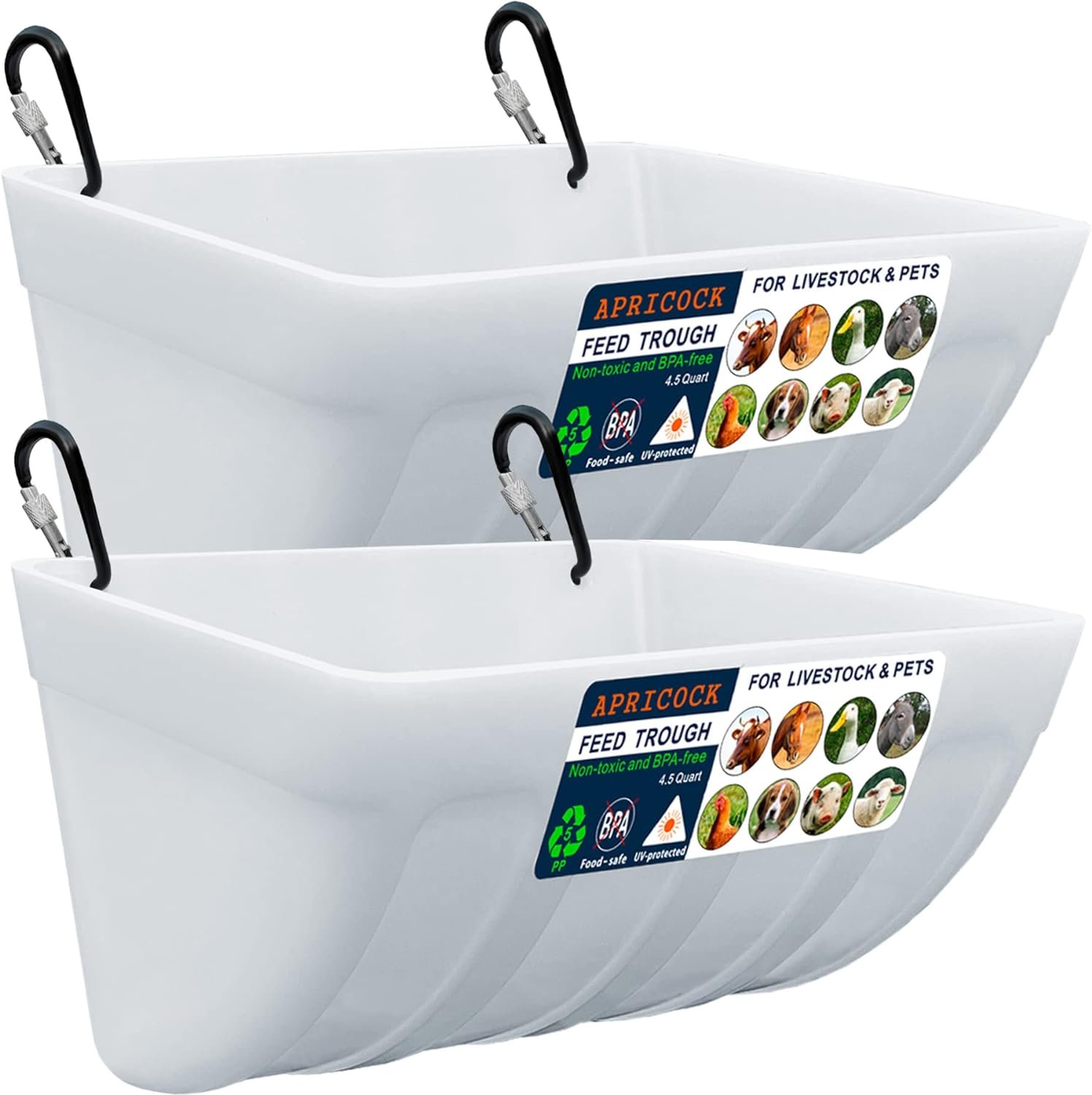 2 Pack Feed Trough and Waterer Bucket with Clips, for Goat Chicken Duck Sheeple Dog Piglets Deer Goose, Turkeys, Goat Feeder Supplies, 4.5 Quart (Appearance Patent Product)