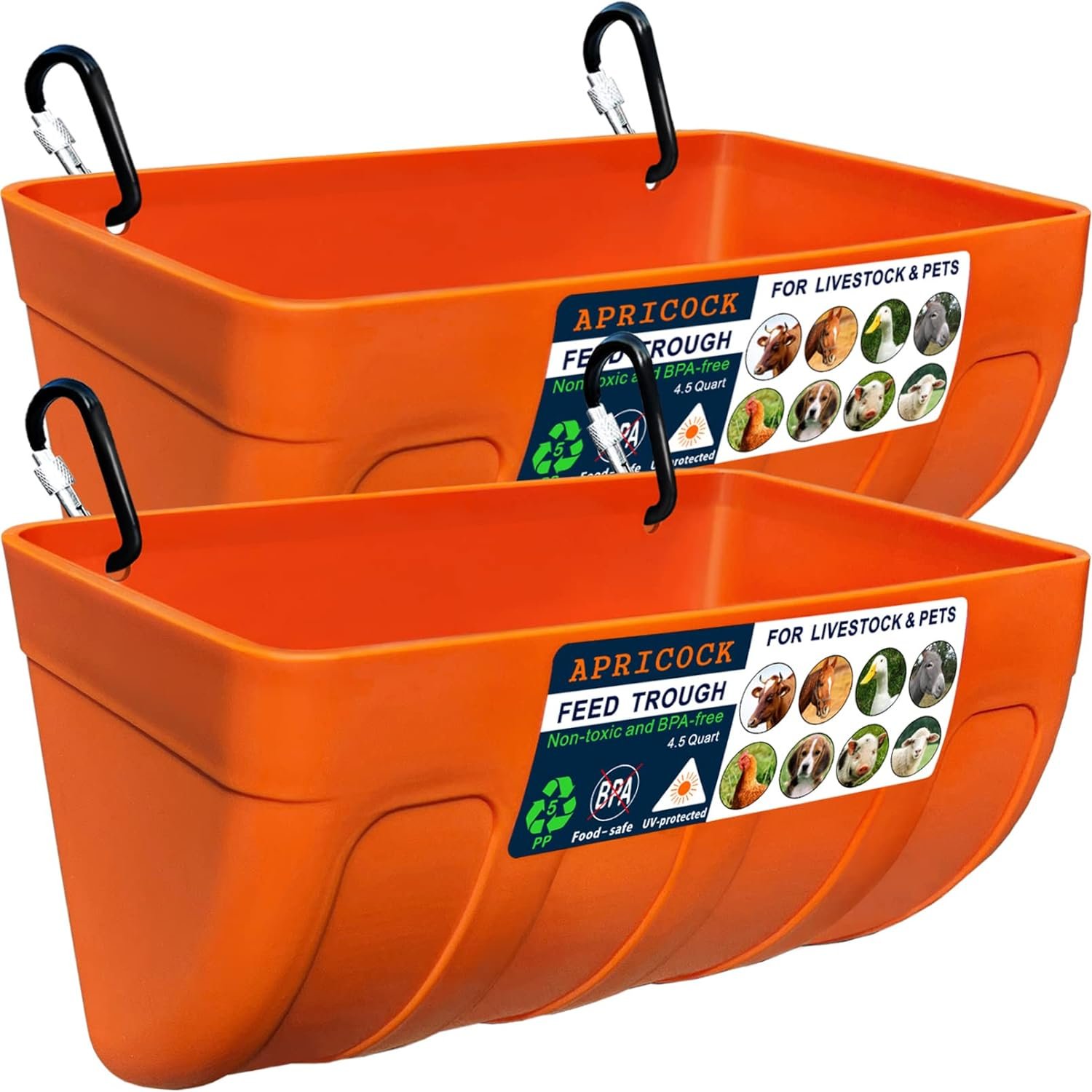 2 Pack Feed Trough and Waterer Bucket with Clips, for Goat Chicken Duck Sheeple Dog Piglets Deer Goose, Turkeys, Goat Feeder Supplies, 4.5 Quart (Appearance Patent Product)