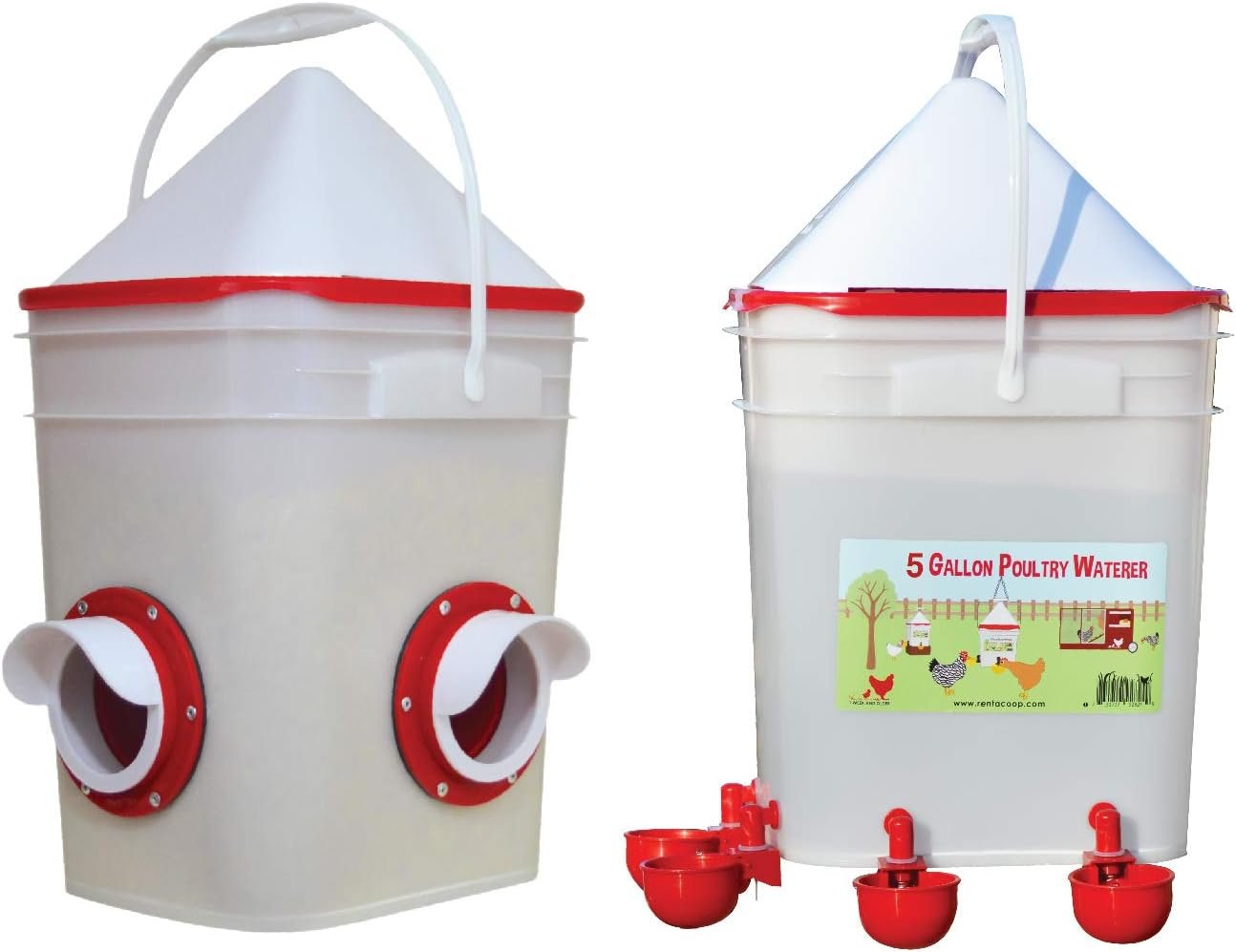 20 LB Dual Port Chicken Feeder and 5 Gallon Waterer with Automatic Cups and Horizontal Nipples KIT (Corner Placement)