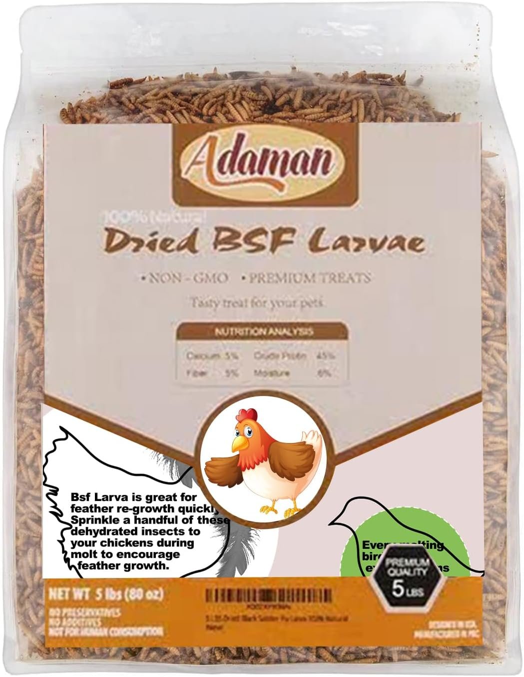 adaman Dried Black Soldier Fly Larvae 5 LBS-100% Natural Non-GMO BSF Larvae-More Calcium Than Dried Mealworms High-Protein Chickens Treats, Food for Wild Birds, Ducks, Layer Hens