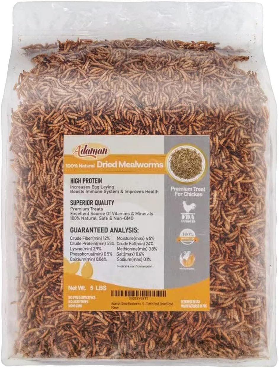 Adaman Dried Mealworms -5 LBS- 100% Natural Non GMO High Protein Mealworms - Bulk Mealworms for Wild Birds, Chicken Treats, Hamster Food, Gecko Food, Turtle Food, Lizard Food