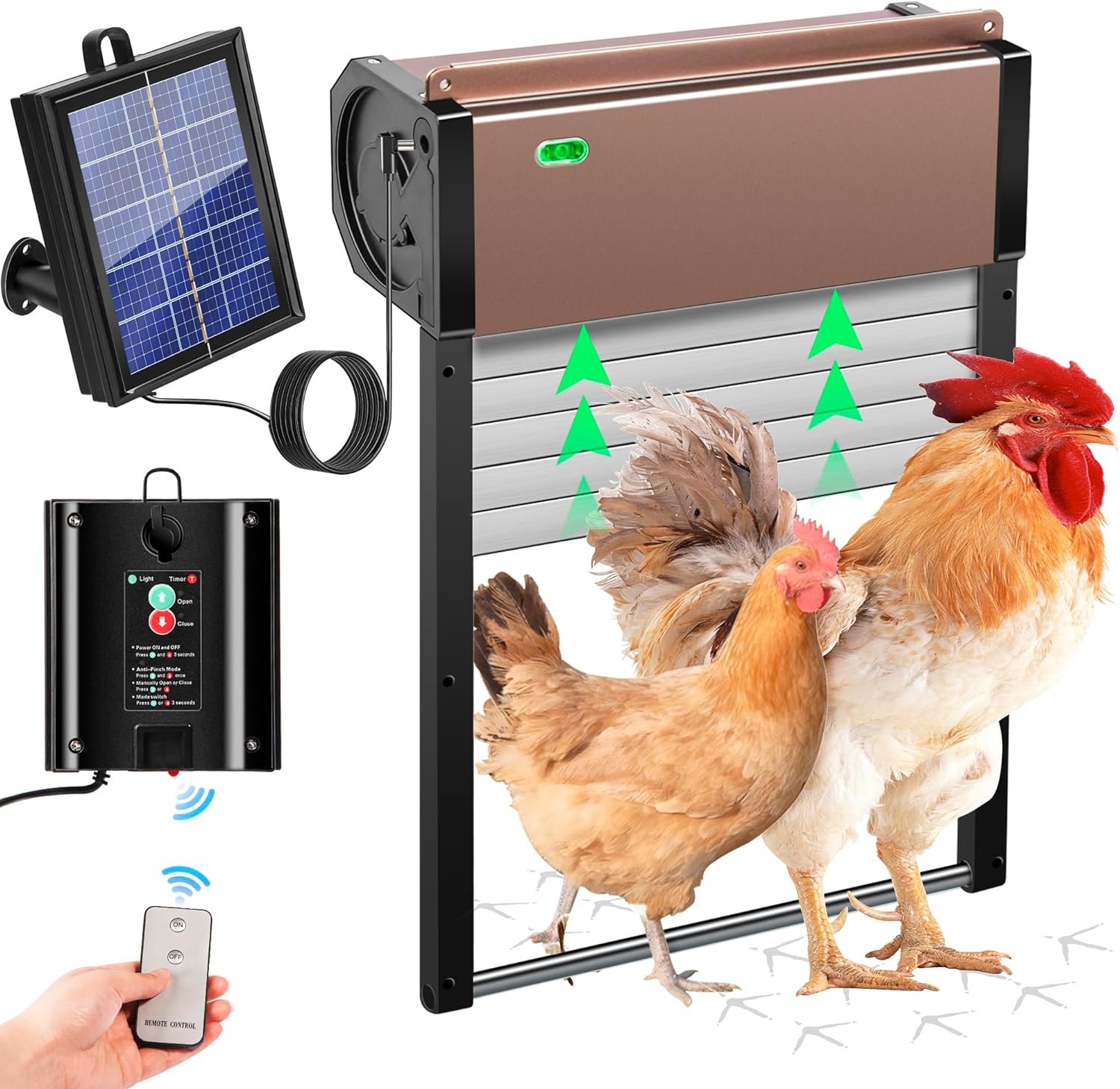 Automatic Chicken Coop Door - Solar Chicken Door with Timer, Light Sensor, Anti-Trap, Remote Control, Full Aluminum and Weatherproof, Anti-Pinch Design for Chickens Ducks Farms
