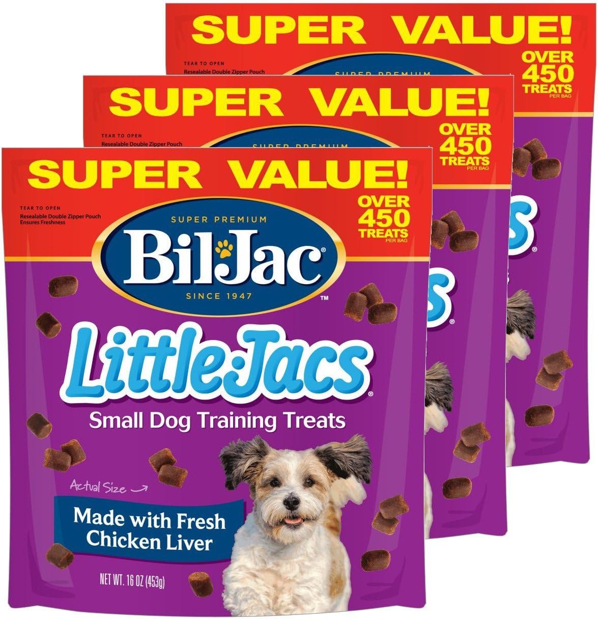 Bil-Jac Little Jacs Small Dog Training Treats - Soft Chicken Liver Dog Treats for Puppy Rewards - Real Chicken, No Fillers, 16oz Resealable Double Zipper Pouch (3-Pack)