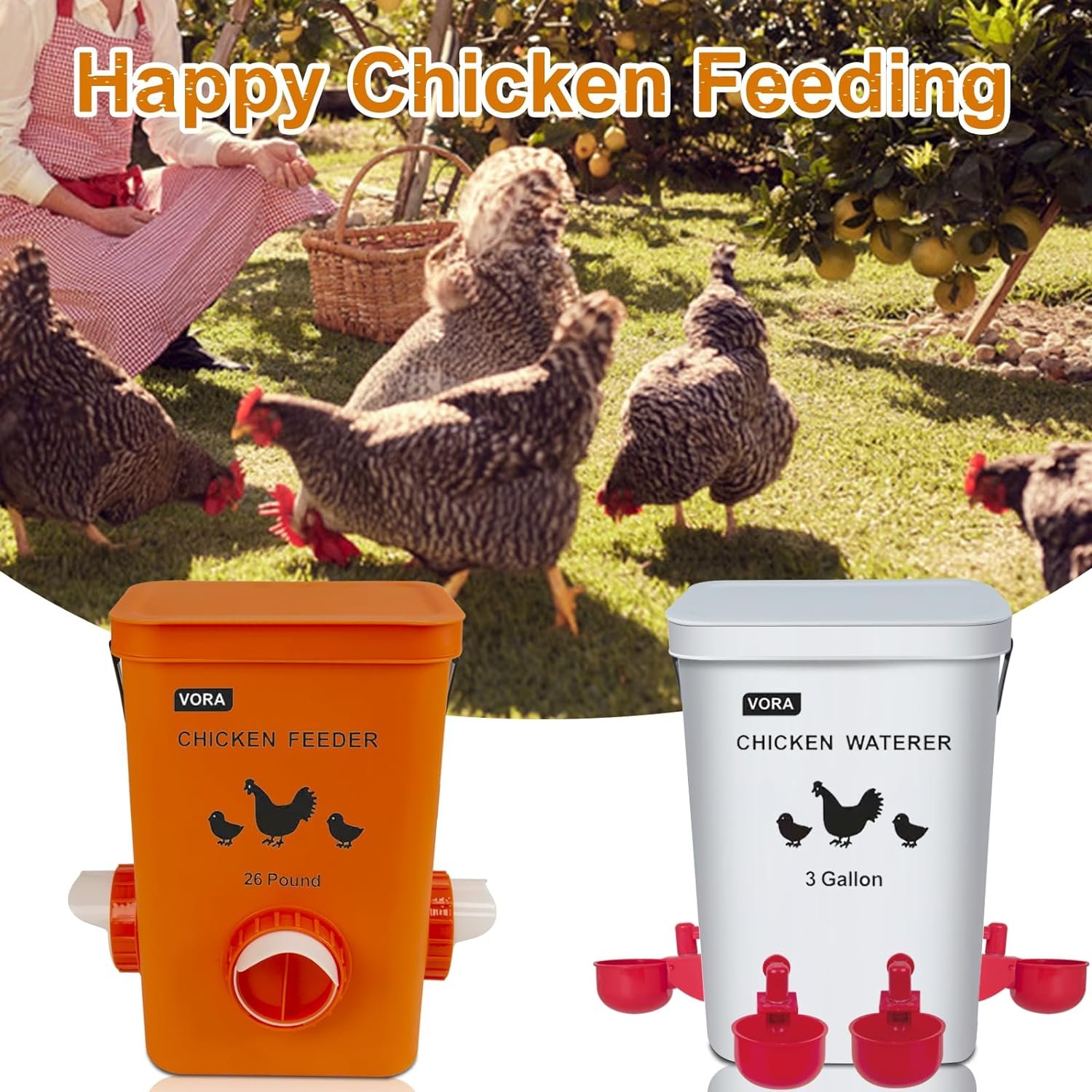 Chicken Feeder and Waterer Set, Hanging Chicken Feeders, Automatic Chicken Waterer with 4 Cups  4 Nipples, No Waste Poultry Feeding, Chicken Coop Accessories, 26 Pounds/3 Gallon