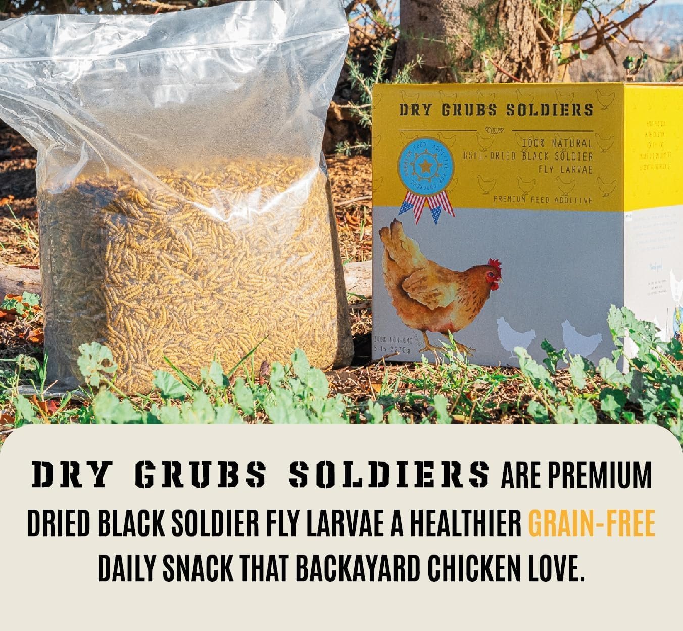 DRY GRUBS SOLDIERS - Superior to Dried Mealworms for Chickens - Non-GMO 90X More Calcium Than Meal Worms - Poultry Feed  Molting Supplement - Black Soldier Fly Larvae for Hens Ducks Wild Birds - 5lbs