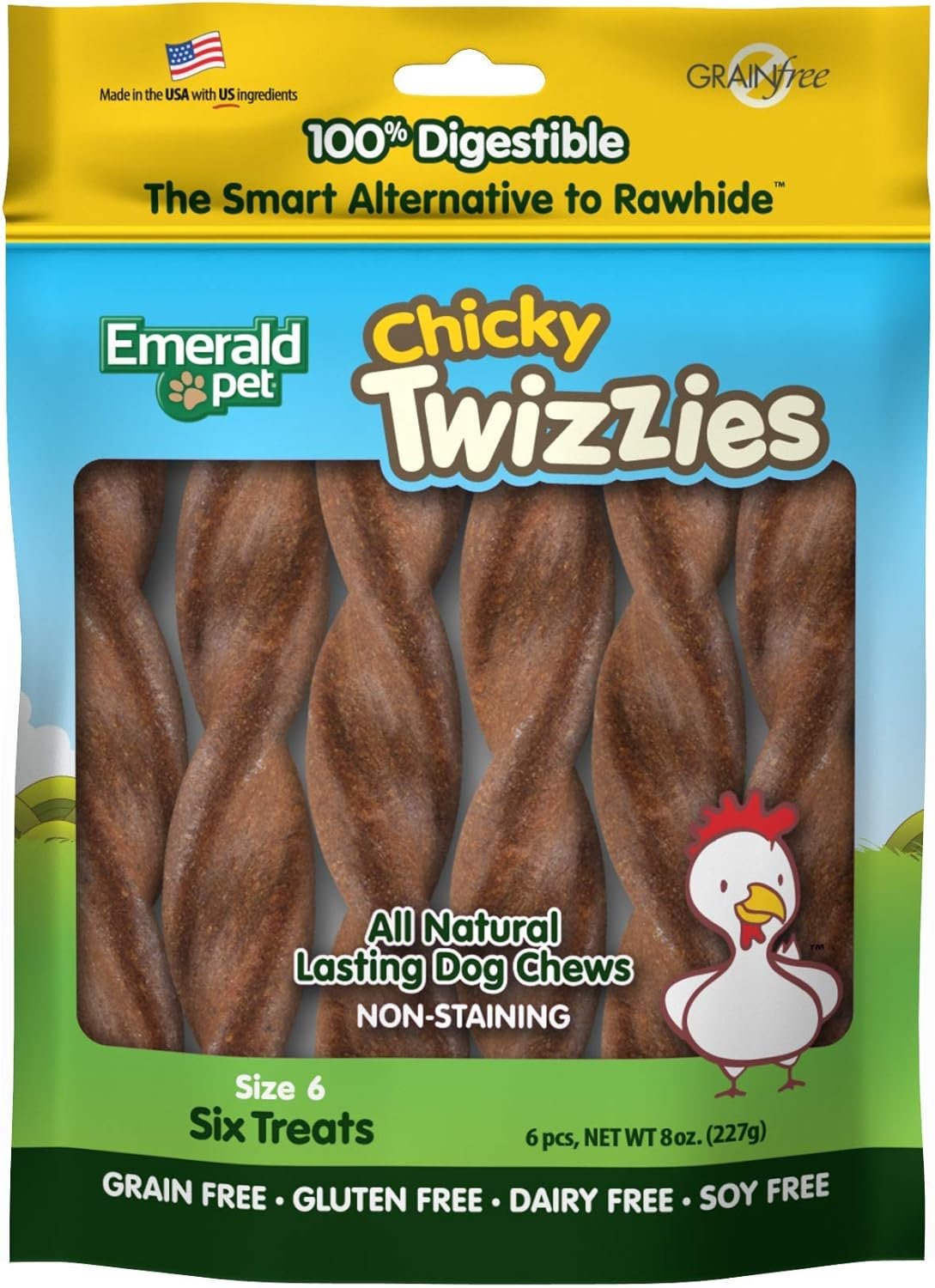 Emerald Pet Twizzies Rawhide Free 100% Digestible Natural Dog Lasting Chew Treats, Made in USA Size 6, Chicky Chicken Multipack