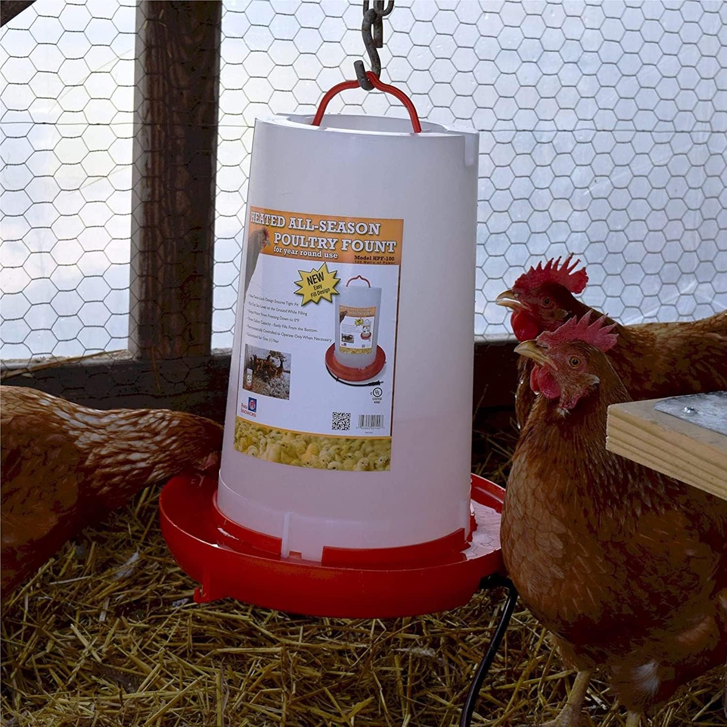 Farm Innovators HPF-100 Thermostatically Controlled Heated 3 Gallon Plastic Outdoor Year Round Hanging Poultry Chicken Water Fountain, Red