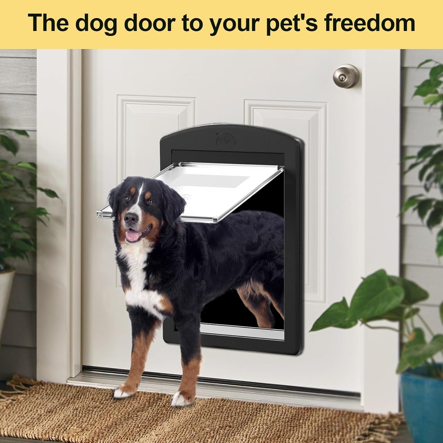 FingerPing Weatherproof Dog Door with Sliding Lock Panel, Energy Efficient Rugged Plastic Doggy Door, Easy Installation, Magnetic Flap Dog Door for Dogs Up to 110 lbs (Large, Dull Black)