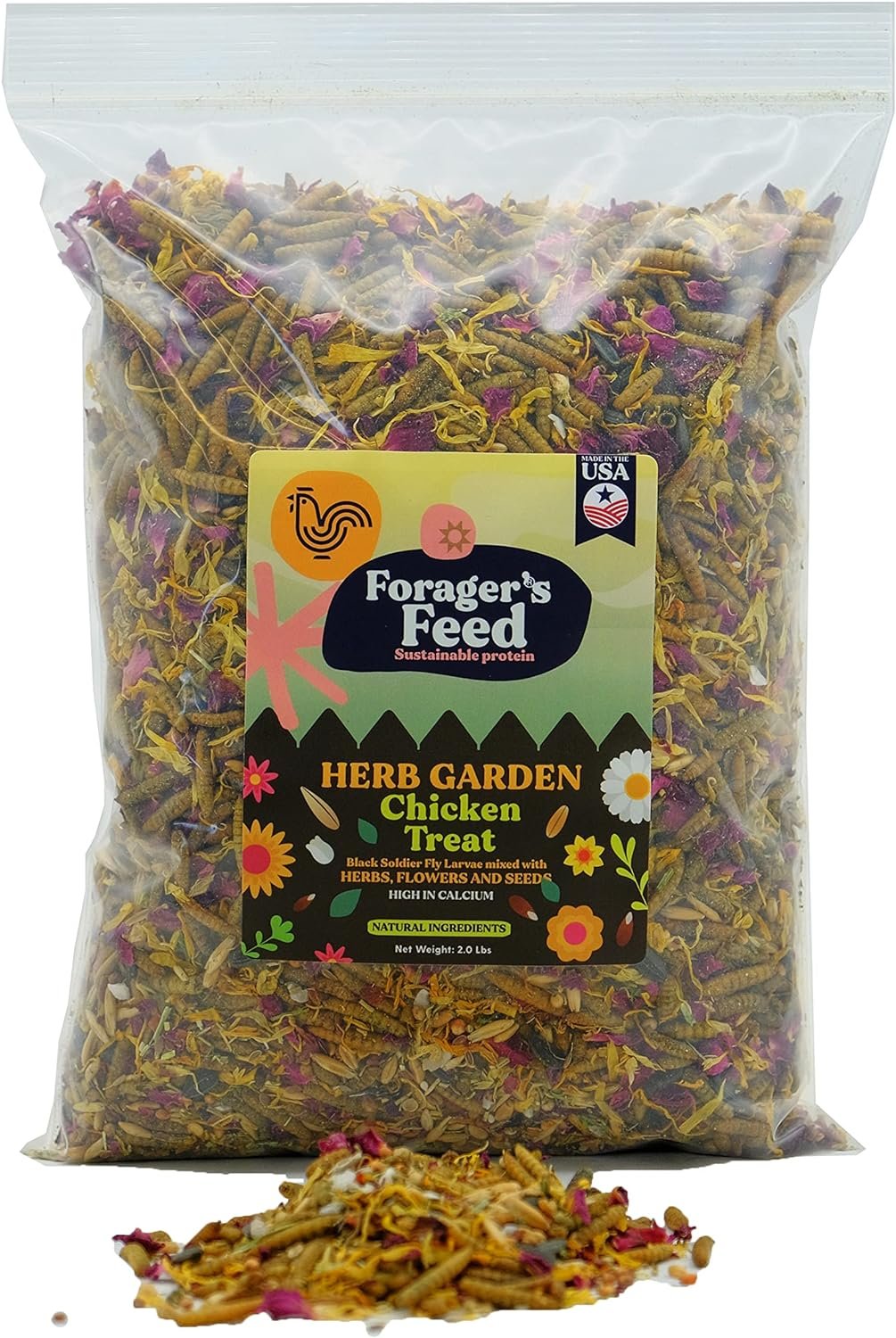 Foragers Feed Black Soldier Fly Larvae - Chicken Treat with Calming Flowers for Chicken and Livestock, 2 Lbs. Resealable Bag