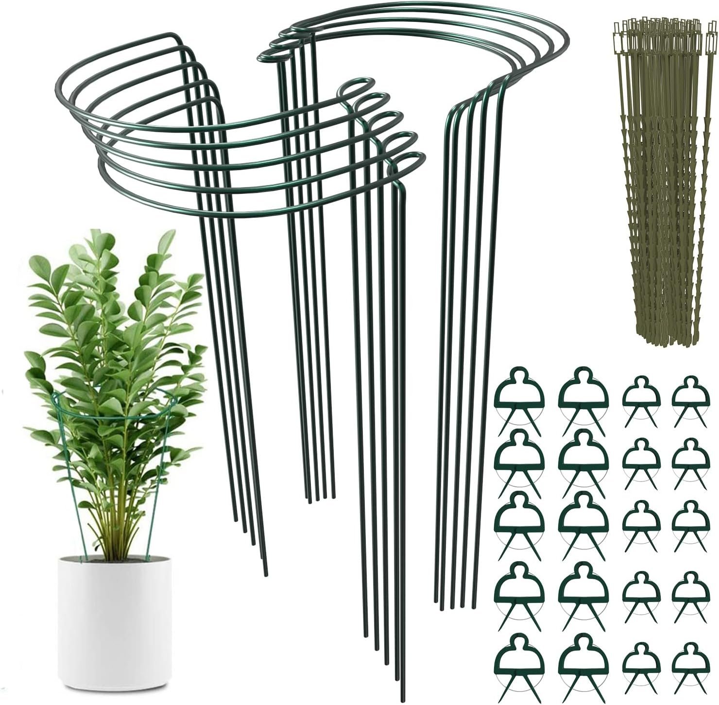 Grow Aid 10 Pack Plant Support Stakes | 10”W x 24”H Metal Garden Plant Stakes for Outdoor Indoor Plants | 24 inch Peony Cages Supports Ring with 20 Plant Ties  Clips for Tomato, Hydrangea