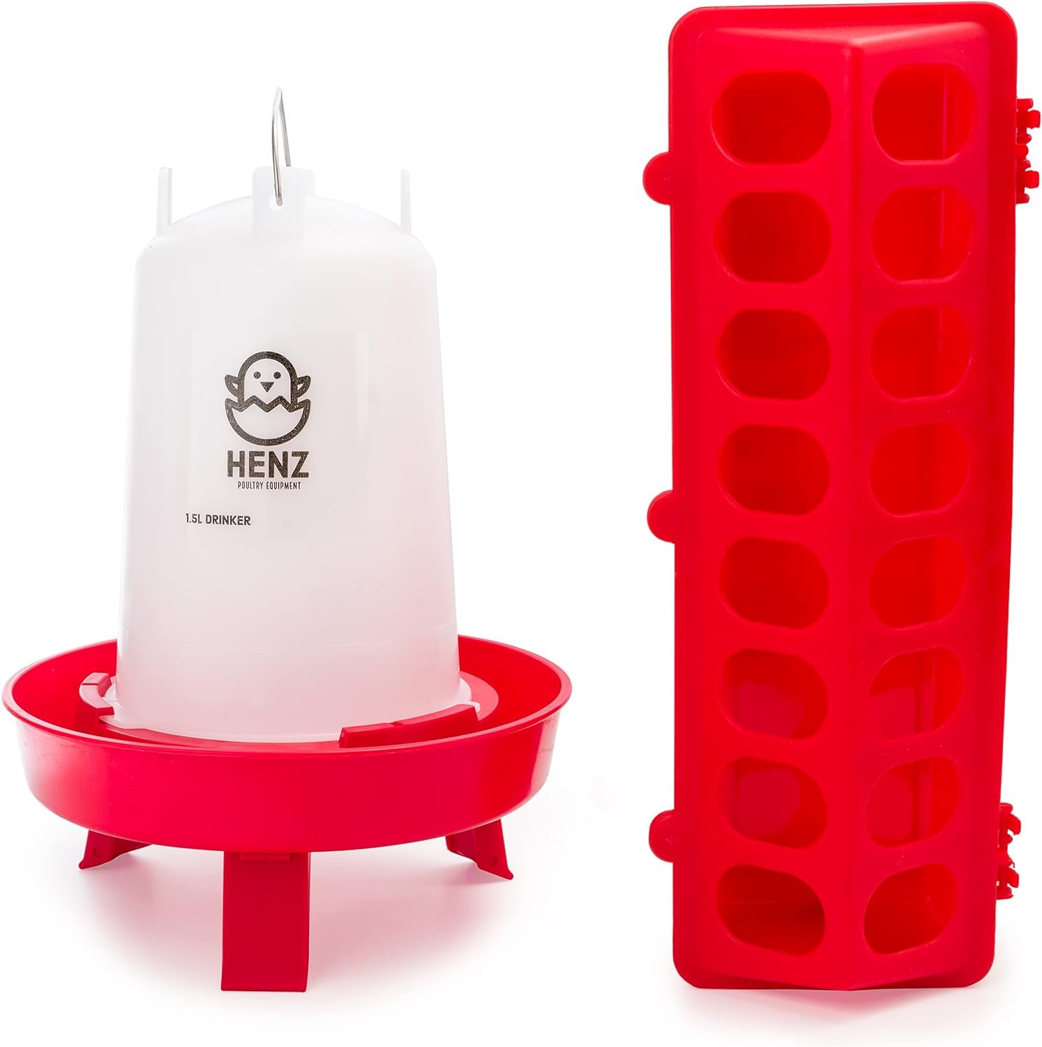 Henz Chick 16 Hole Ground Chick Feeder and Waterer Kit (Red), Easy Filling, Small Hanging Handle, Adjustable Leg Height Setting, Baby Chickens Feeder and Automatic Waterer Set Kit for Beginners