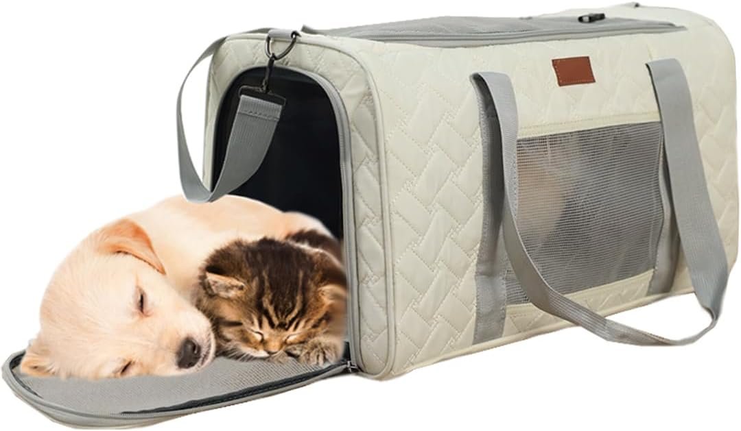 H.S.C PET Cats Carrier Soft-Sided Quilted Pet Pups Bag Temporary Kennel Fit Luggage Case Traveling Outdoor Go to Vet, Side Pocket,15 lbs Puppy/18 lbs Cat or Kittens (Beige)