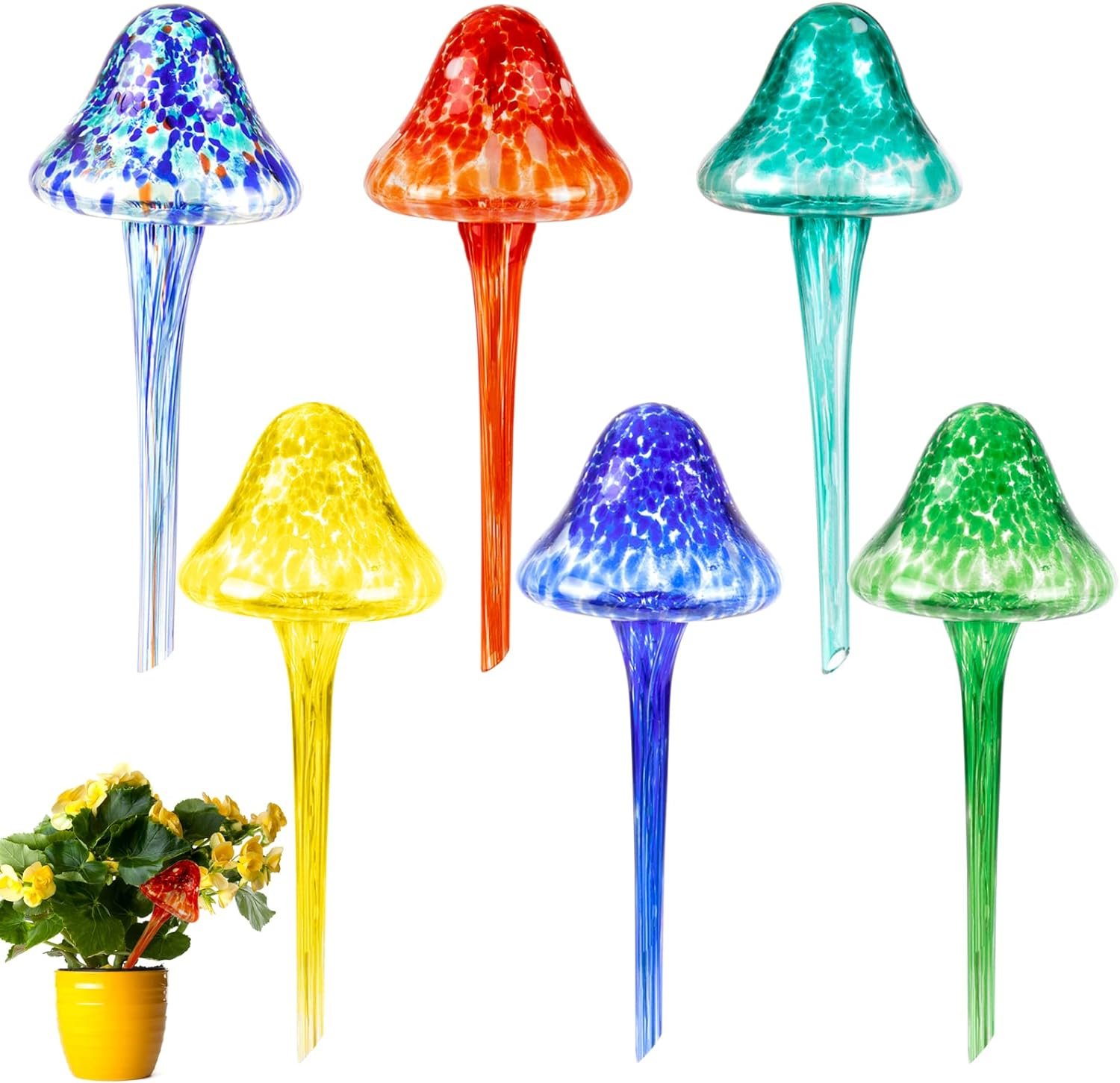 KintKita Plant Watering Globes Watering Bulbs Colorful Mushroom Glass Self Watering Stakes Drippers Water Spikes for Plants Watering Irrigation Device for Garden Indoor Outdoor (6 Pack)